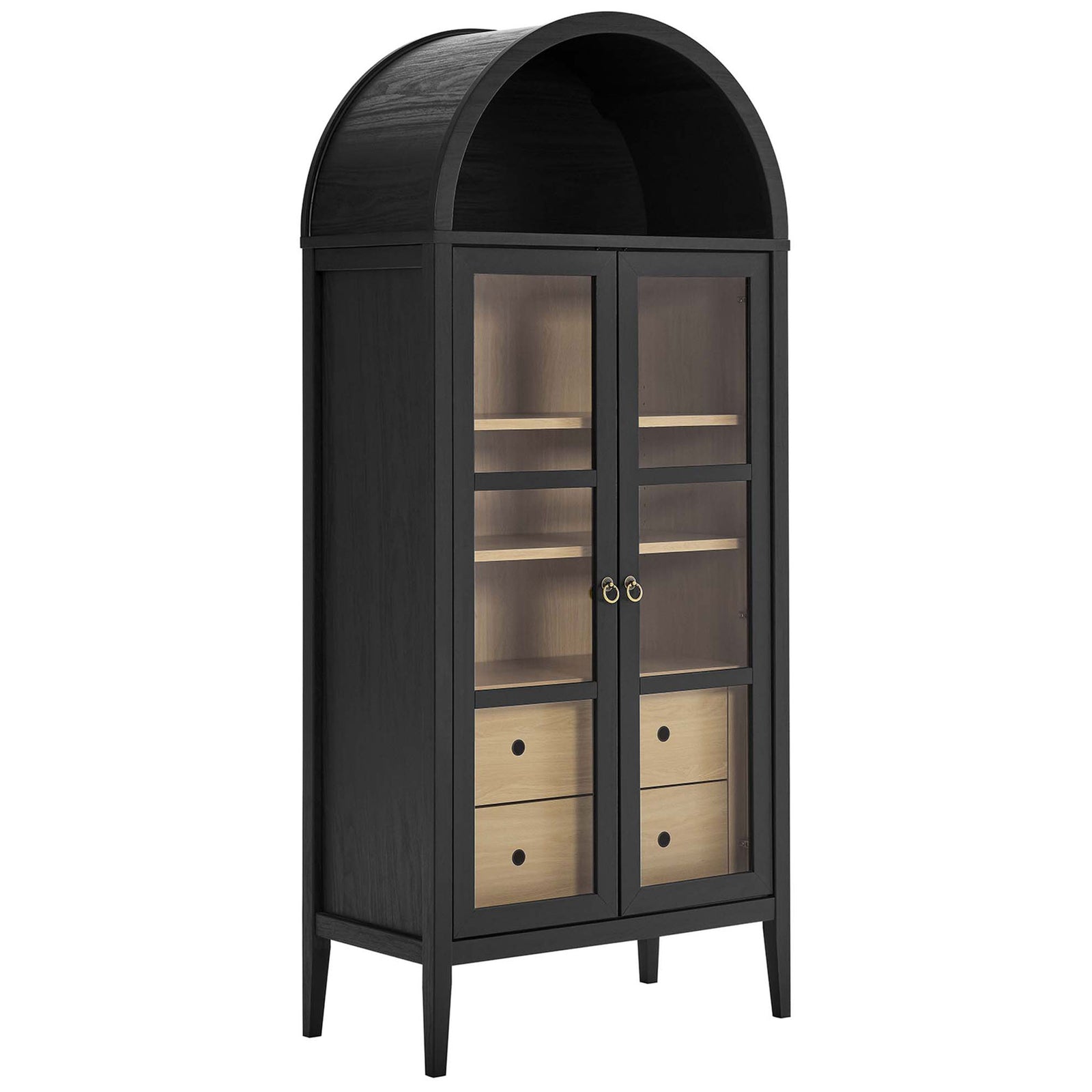 Tall black oak arched cabinet with glass doors revealing adjustable shelves and drawers || EEI-6639-BLK-OAK || front_angle_studio