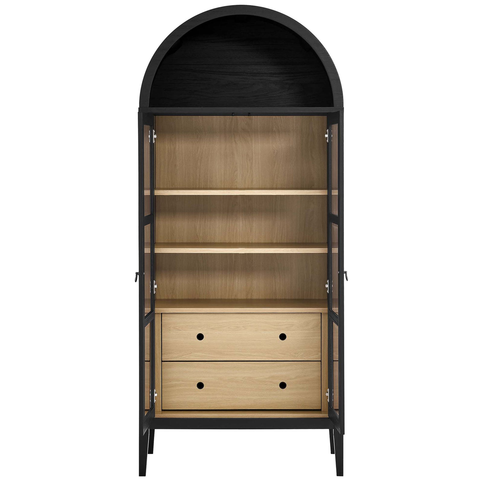 Black oak cabinet showcasing open interior shelves and two spacious light wood drawers || EEI-6639-BLK-OAK || front_open_studio