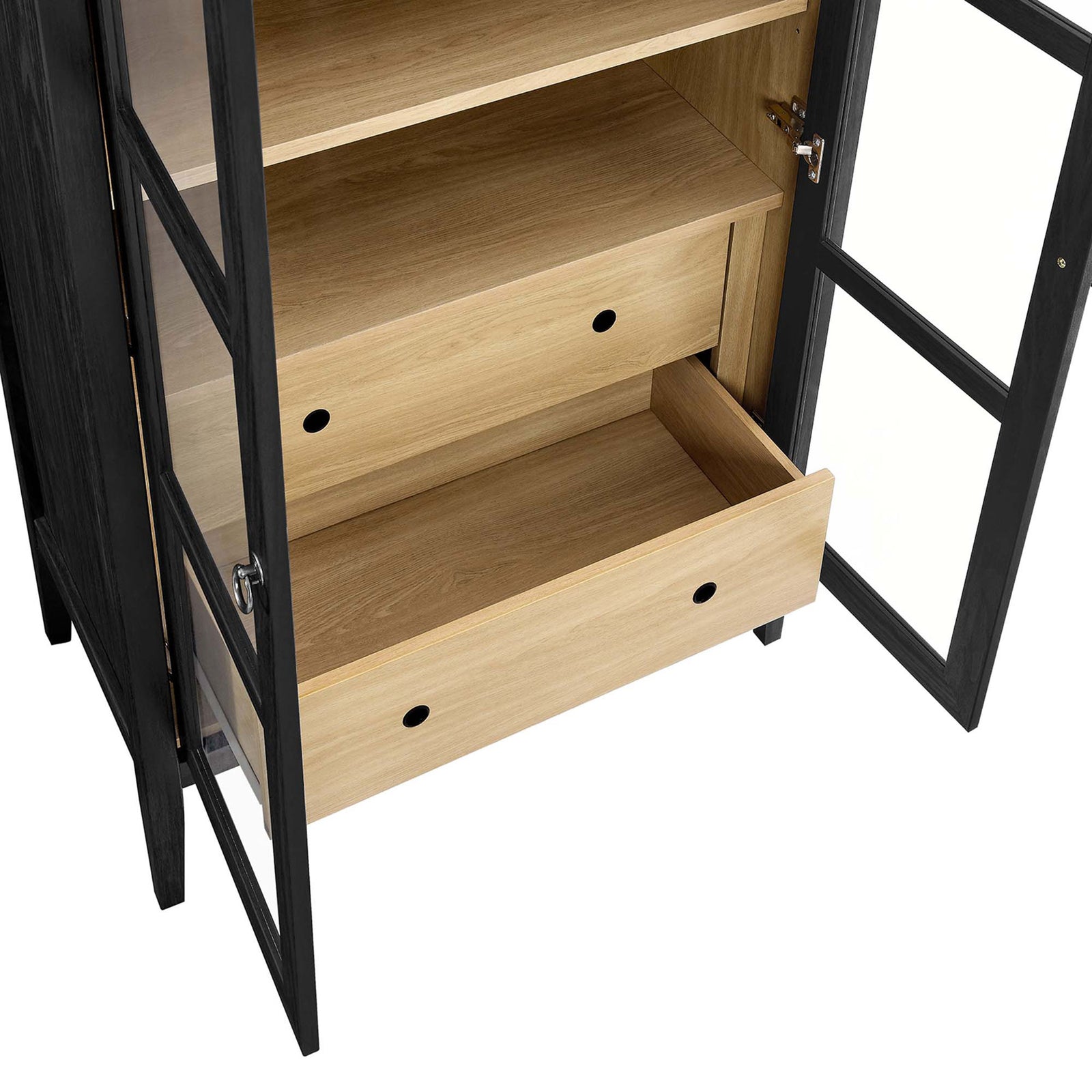 Deep lower drawers in black oak cabinet provide concealed storage for linens and serveware || EEI-6639-BLK-OAK || storage_open_studio