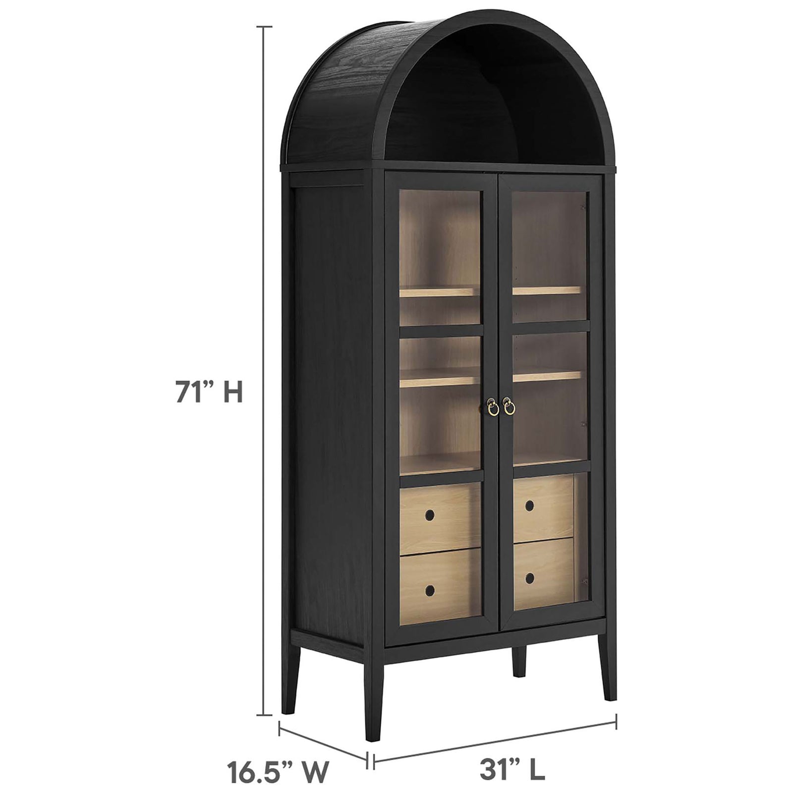 Nolan black oak display cabinet with 71 inch height and compact 31 inch wide footprint || EEI-6639-BLK-OAK || dimension_studio
