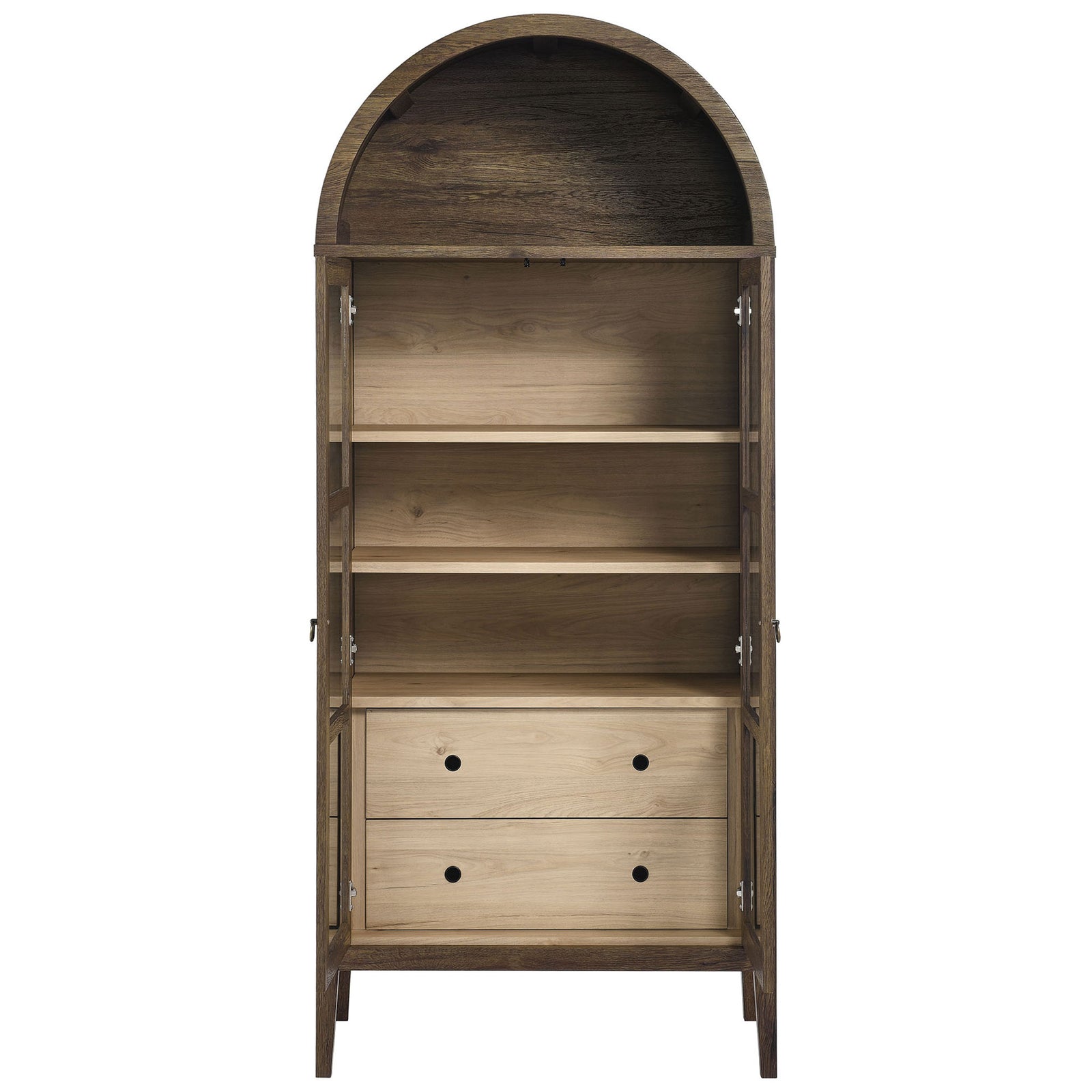 Walnut hickory cabinet with doors open to reveal adjustable shelves and two spacious drawers || EEI-6639-WAL-HCK || front_open_studio