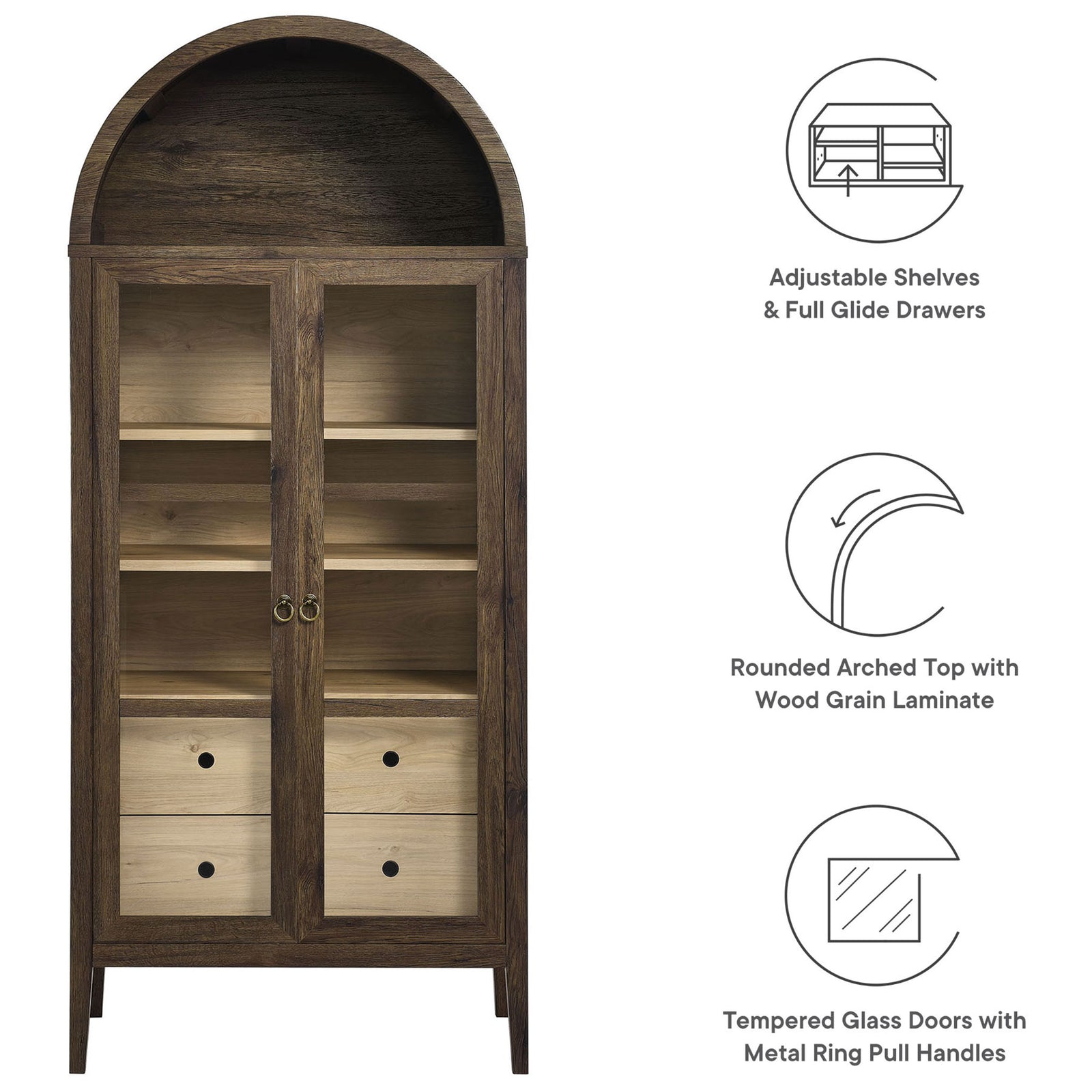 Feature callouts for the walnut hickory Nolan cabinet, from full glide drawers to glass doors || EEI-6639-WAL-HCK || callout_studio