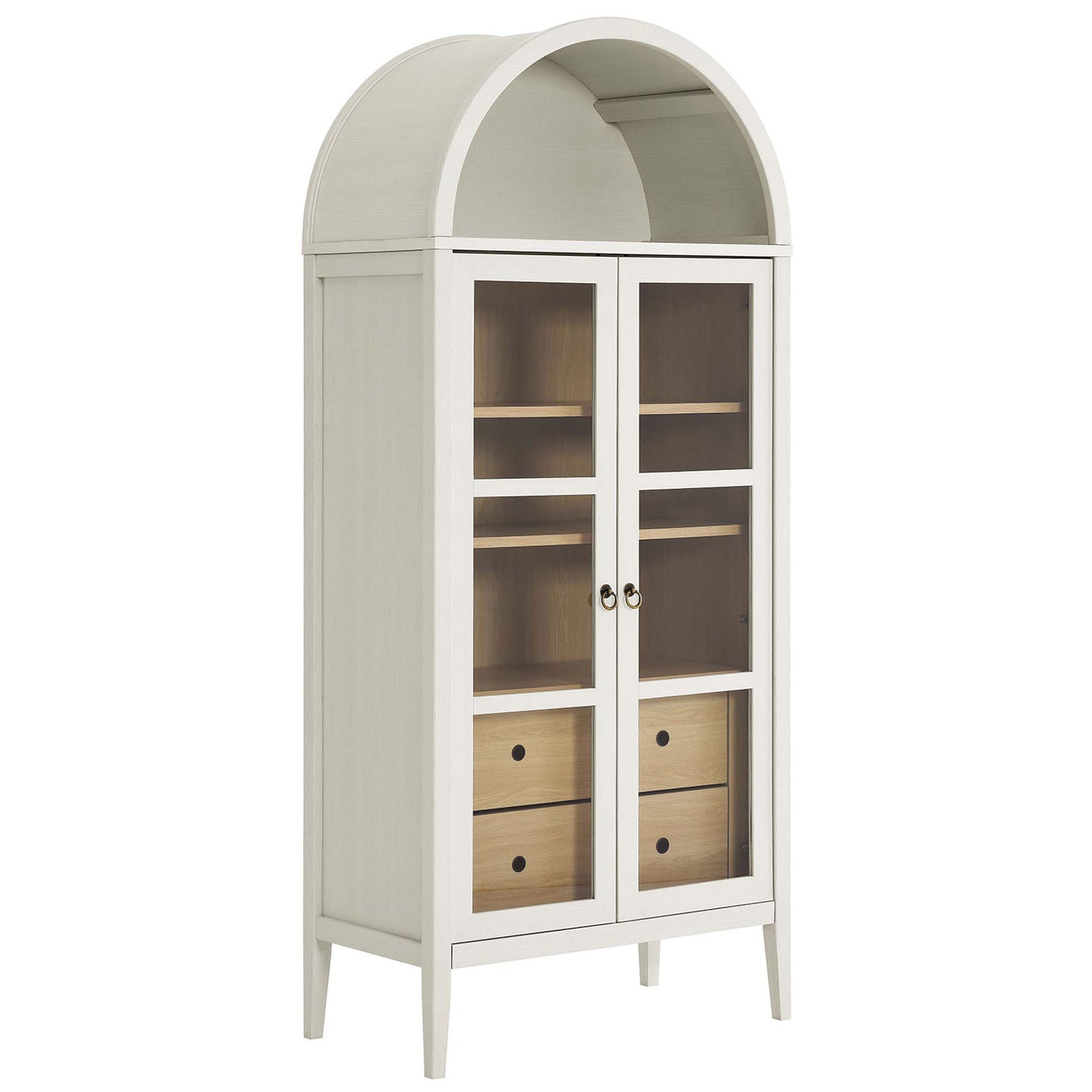 Tall white oak arched cabinet with glass doors and contrasting light wood drawers || EEI-6639-WHI-OAK || front_angle_studio