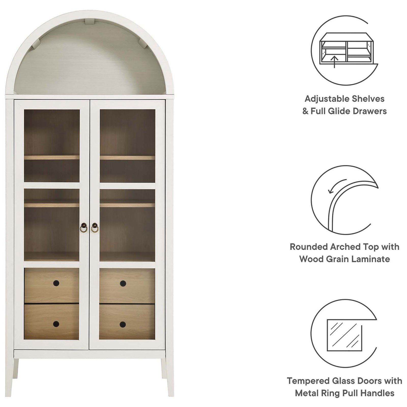Key features of the white oak Nolan cabinet, from adjustable shelving to full glide drawers || EEI-6639-WHI-OAK || callout_studio
