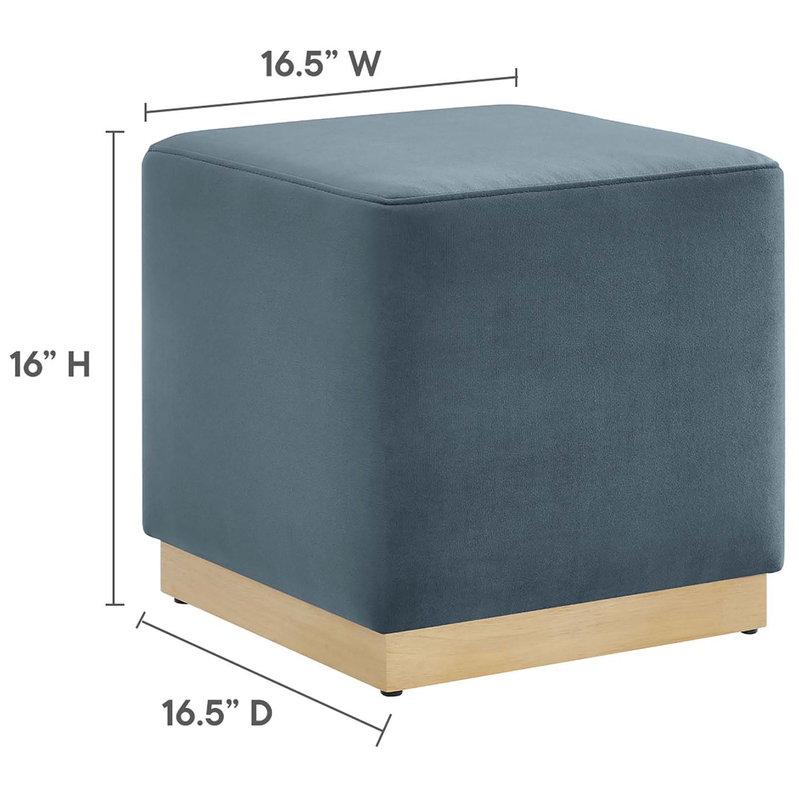 Dimensions of the cadet blue velvet ottoman reveal its compact, space-saving square profile. || EEI-6640-CAB-NAT || dimension_studio
