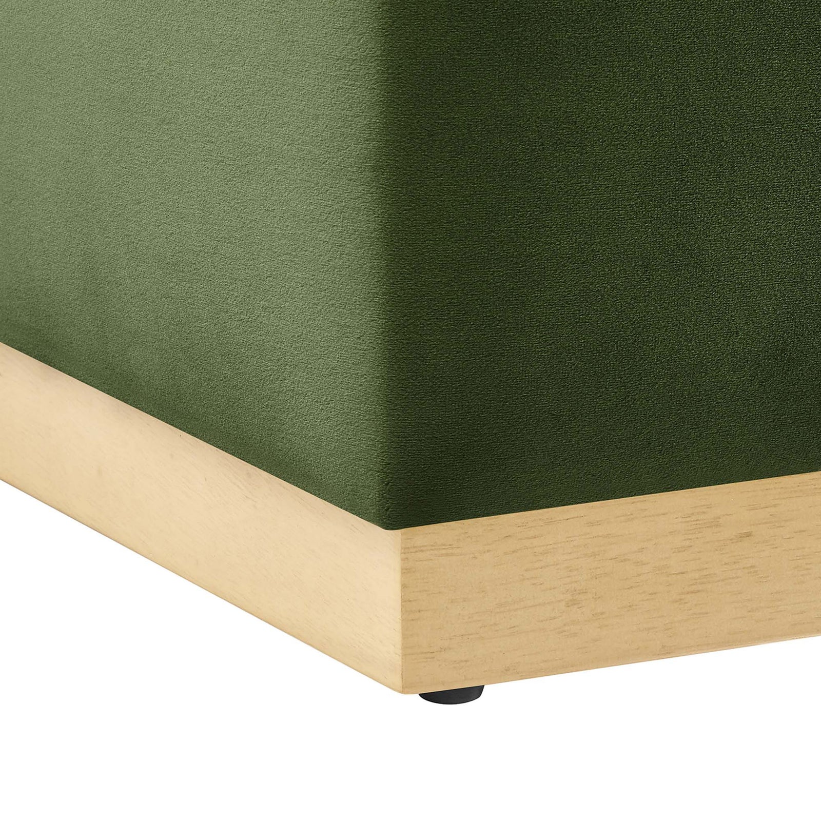 Soft velvet upholstery with a natural wood plinth base forming a crisp corner || EEI-6640-MOG-NAT || leg_studio