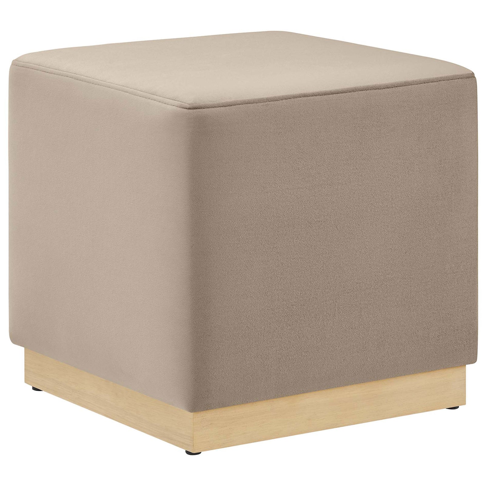 Modern taupe velvet cube ottoman with tailored edges and a natural wood plinth base. || EEI-6640-TAU-NAT || front_angle_studio