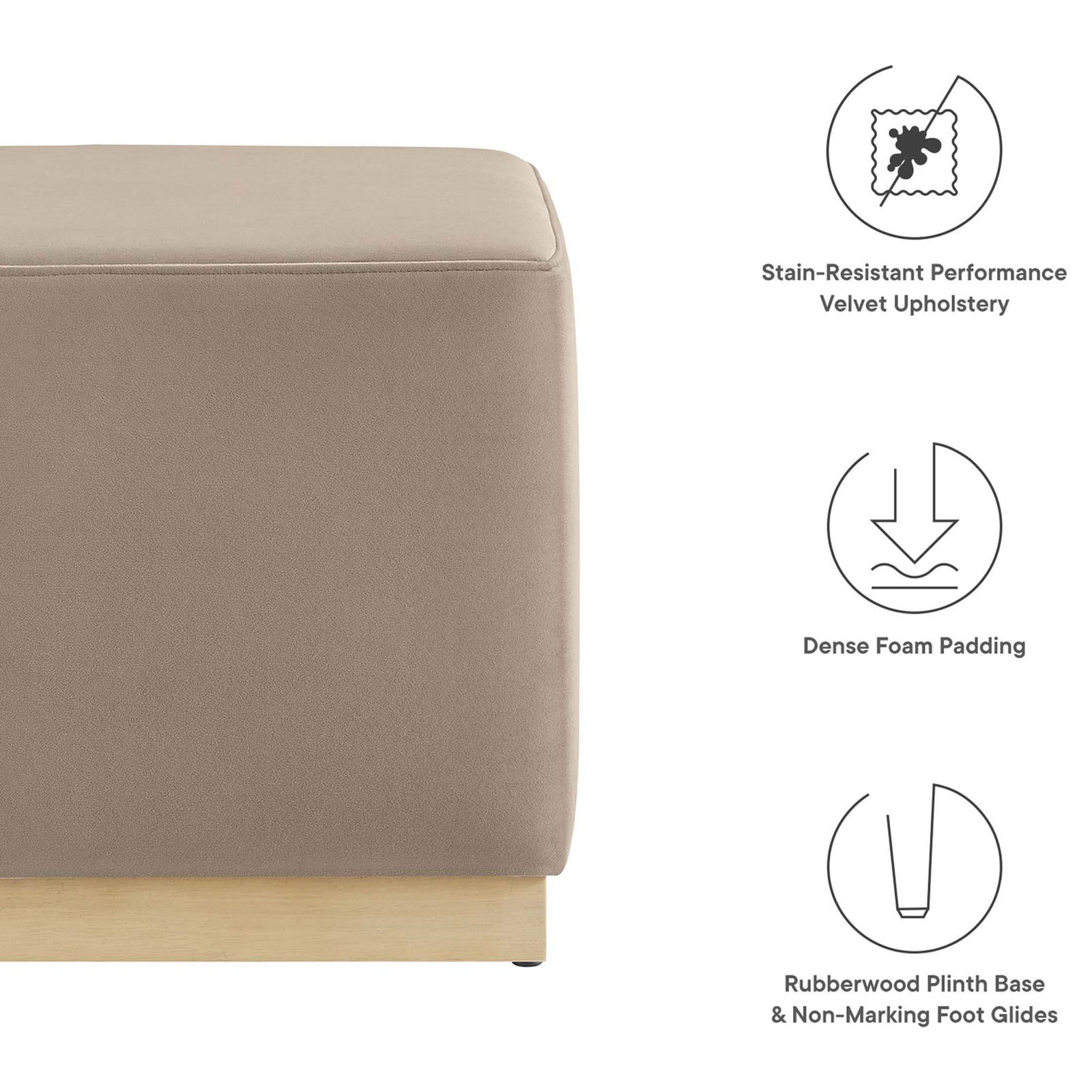 Features stain-resistant performance velvet, dense foam padding, and a wood plinth base with floor-safe glides. || EEI-6640-TAU-NAT || callout_studio
