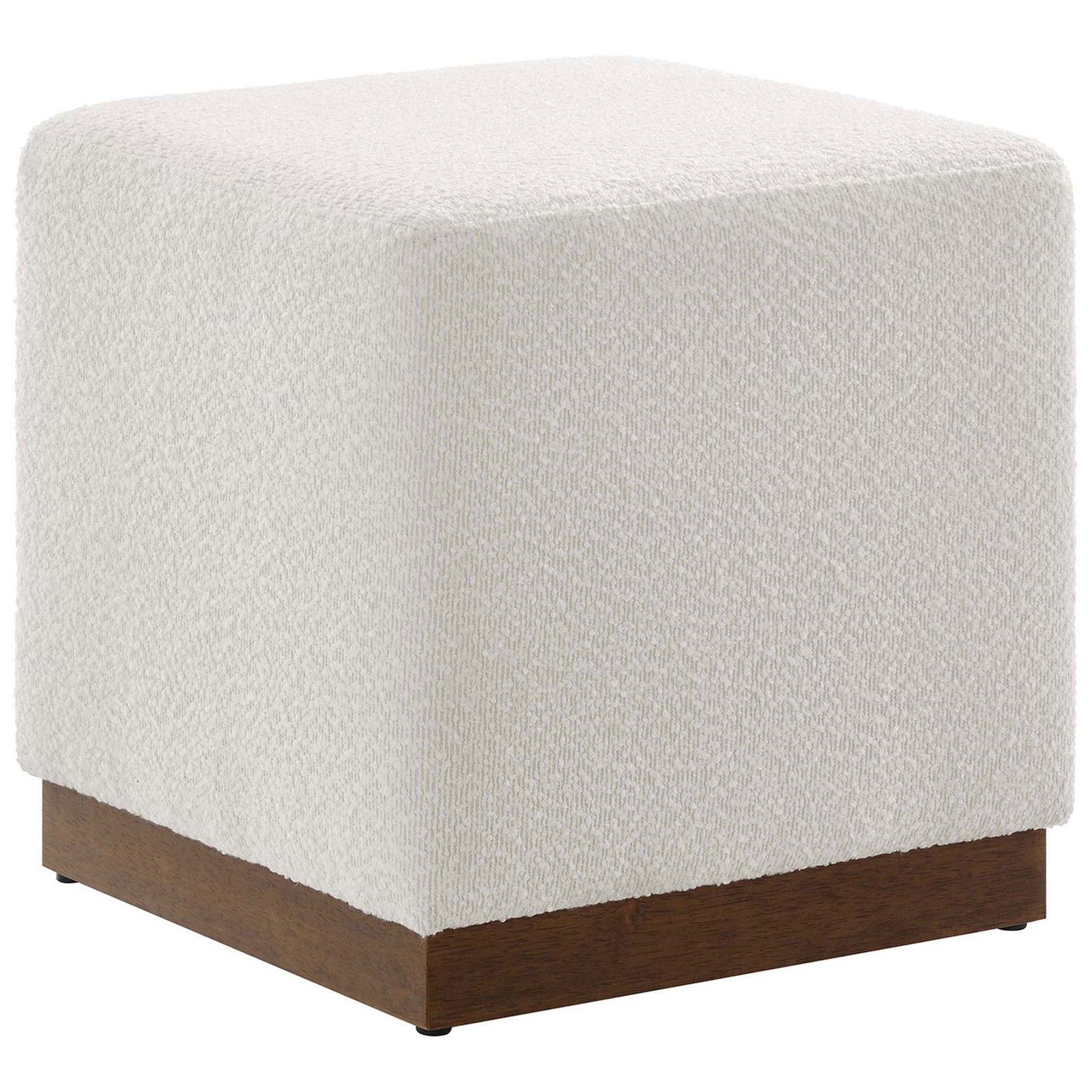 Cloud boucle ottoman with plush cube silhouette and rich walnut plinth base for modern, compact seating. || EEI-6641-CLO-WAL || front_angle_studio