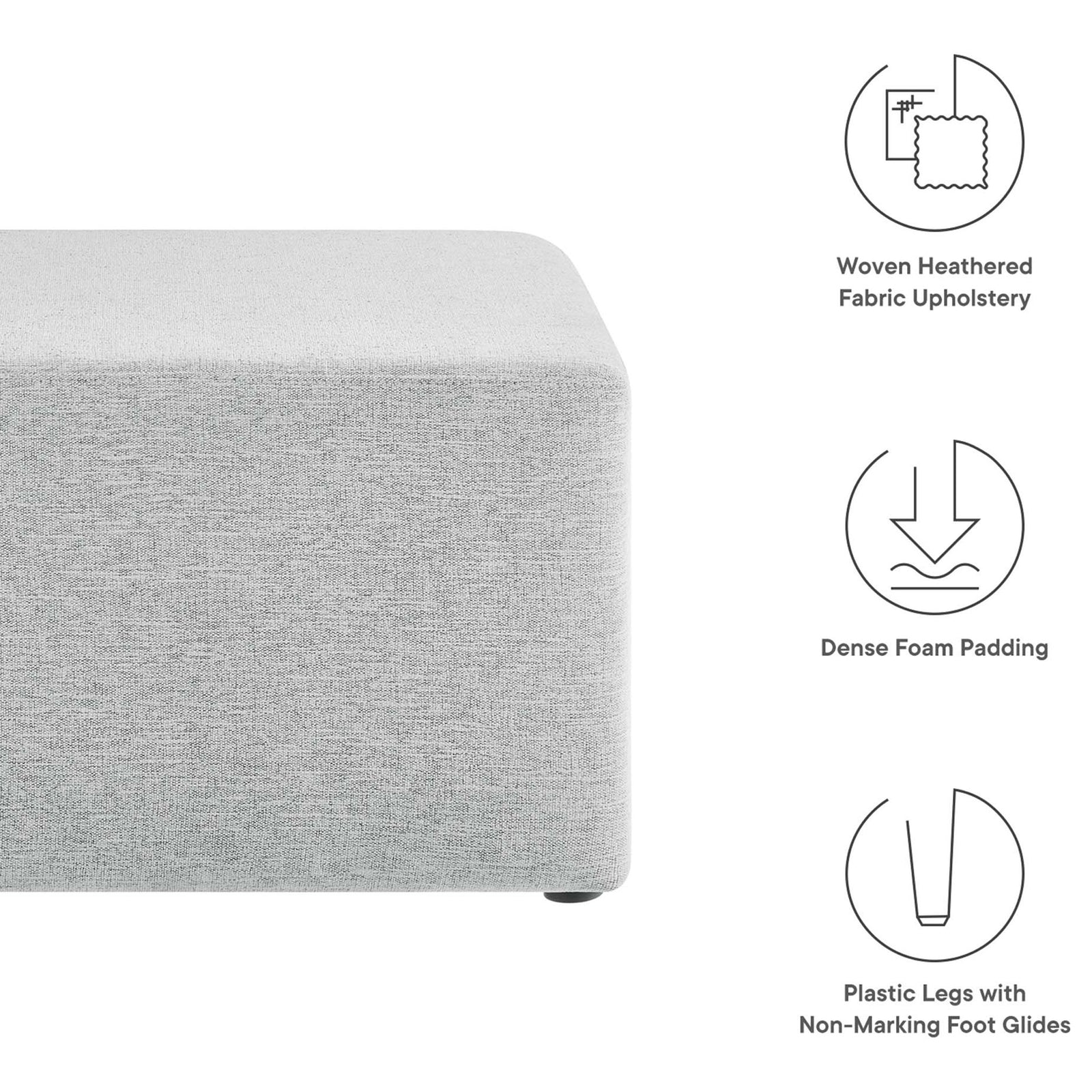 Light gray ottoman with icons calling out woven upholstery, dense foam cushioning, and non marking plastic glides || EEI-6642-HLG || callout_studio