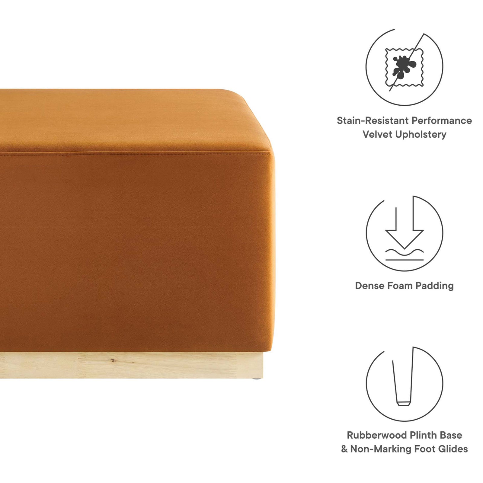 Rust velvet ottoman features stain-resistant fabric, dense foam padding, and supportive plinth base || EEI-6643-RUS-NAT || callout_studio