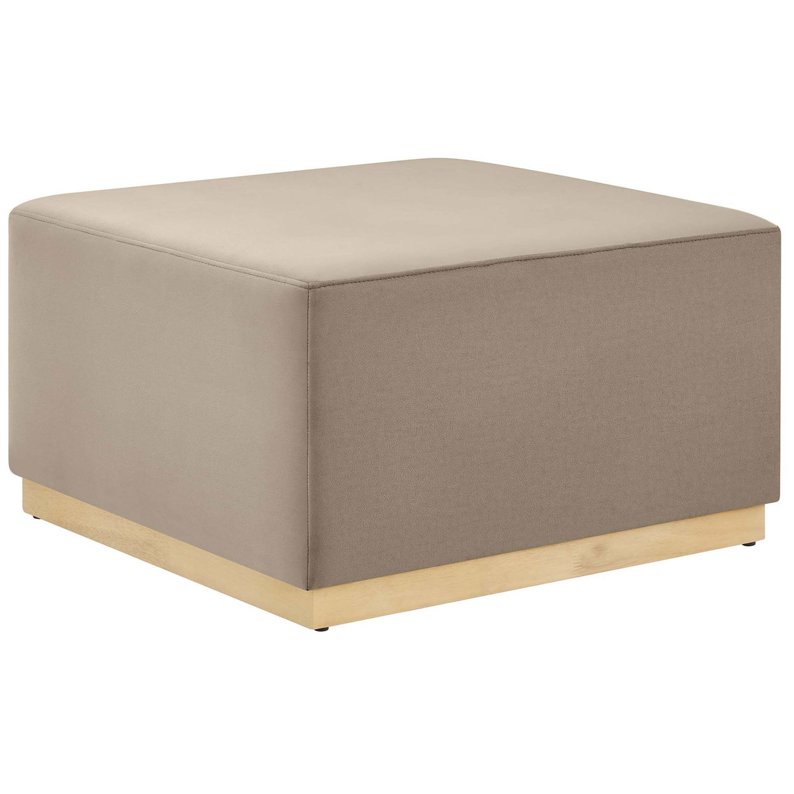Large taupe velvet ottoman with clean lines and wood base, perfect as a coffee table or extra seating || EEI-6643-TAU-NAT || front_angle_studio