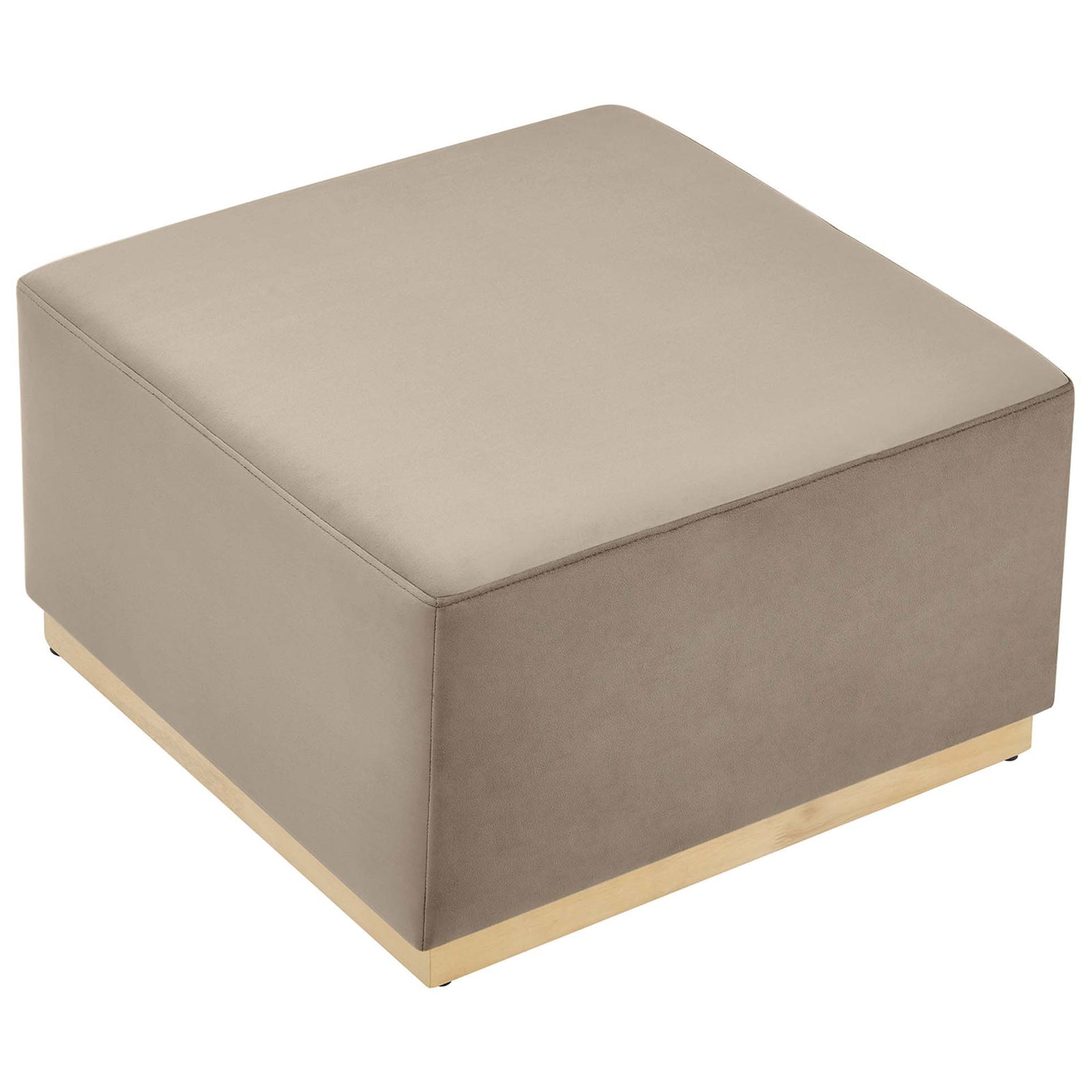Spacious square ottoman in taupe performance velvet with smooth cushioned top and recessed wood base || EEI-6643-TAU-NAT || top_angle_studio
