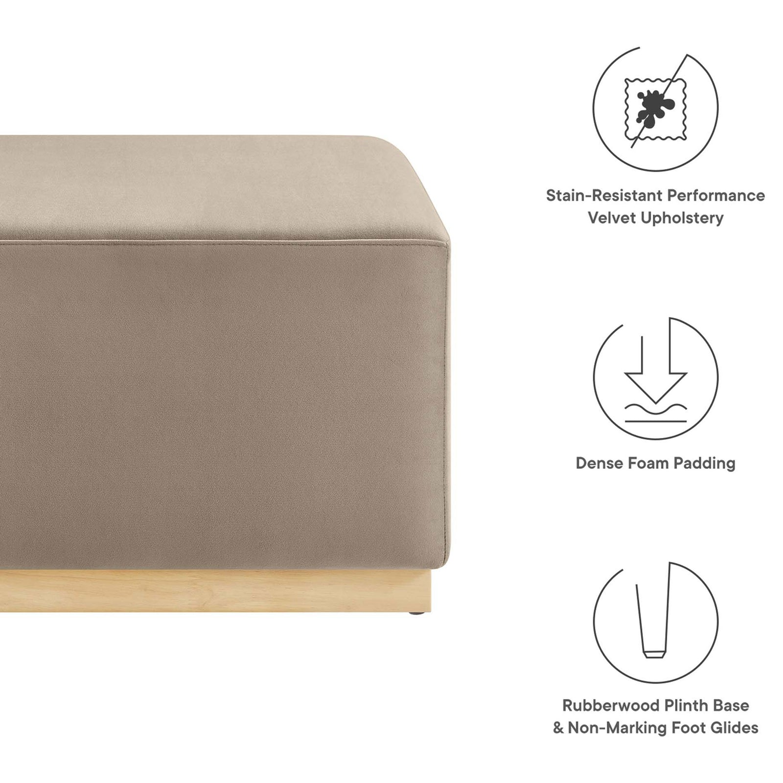 Ottoman features illustration highlighting stain-resistant velvet, dense foam cushioning, and non-marking base glides || EEI-6643-TAU-NAT || callout_studio