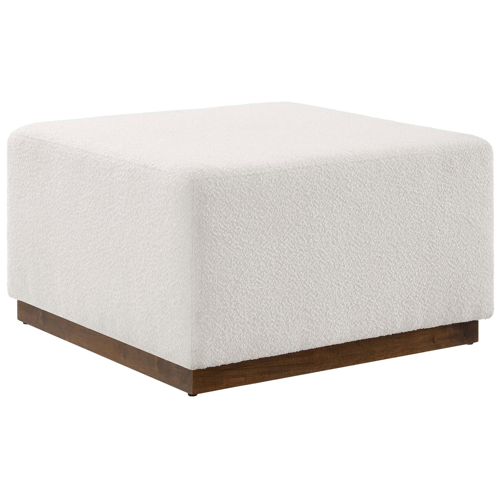 Large cloud boucle ottoman with soft, textured upholstery and a warm walnut plinth base. || EEI-6644-CLO-WAL || front_angle_studio