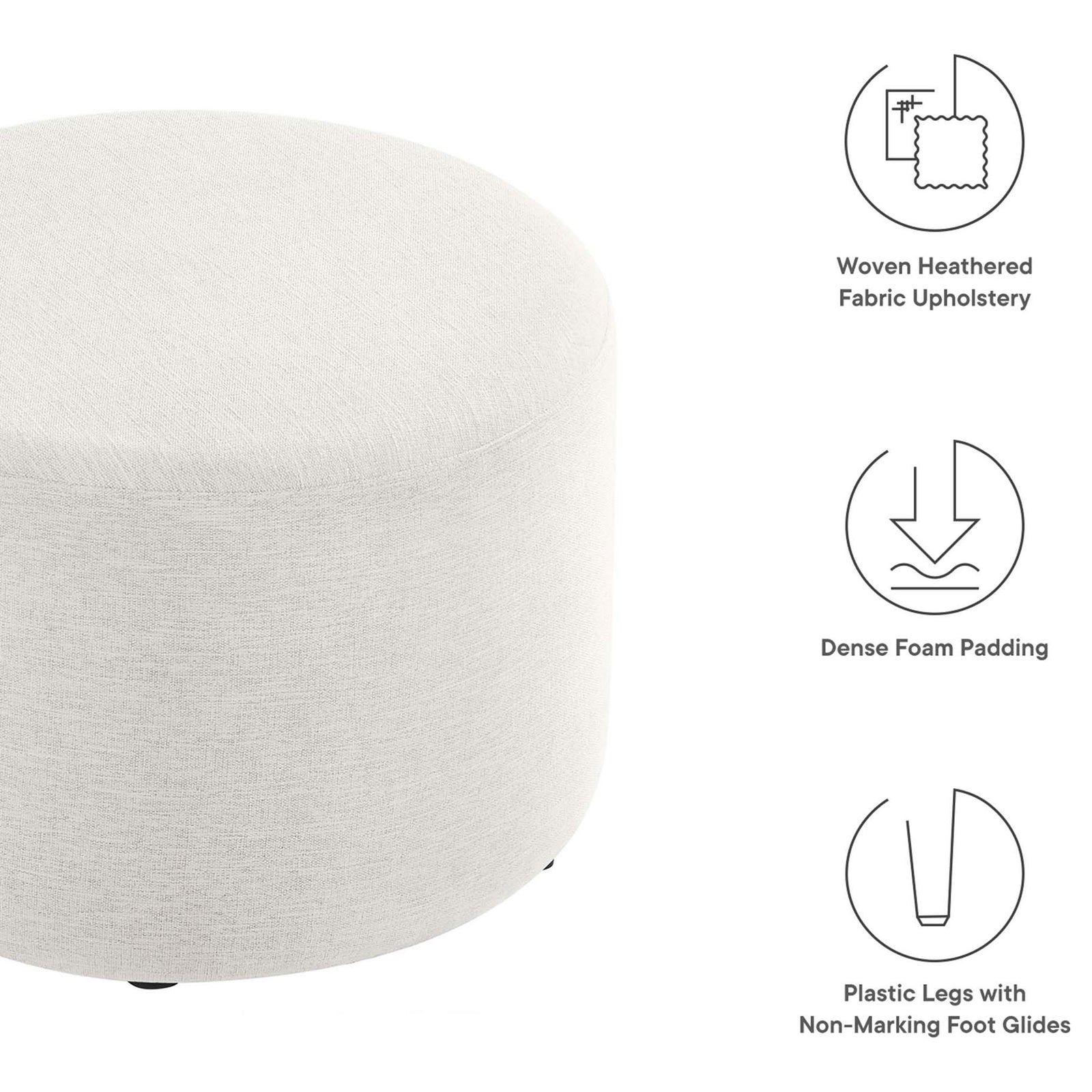 Feature graphic highlighting the ivory ottoman's heathered upholstery, foam cushioning, and floor-safe feet || EEI-6645-HEI || callout_studio
