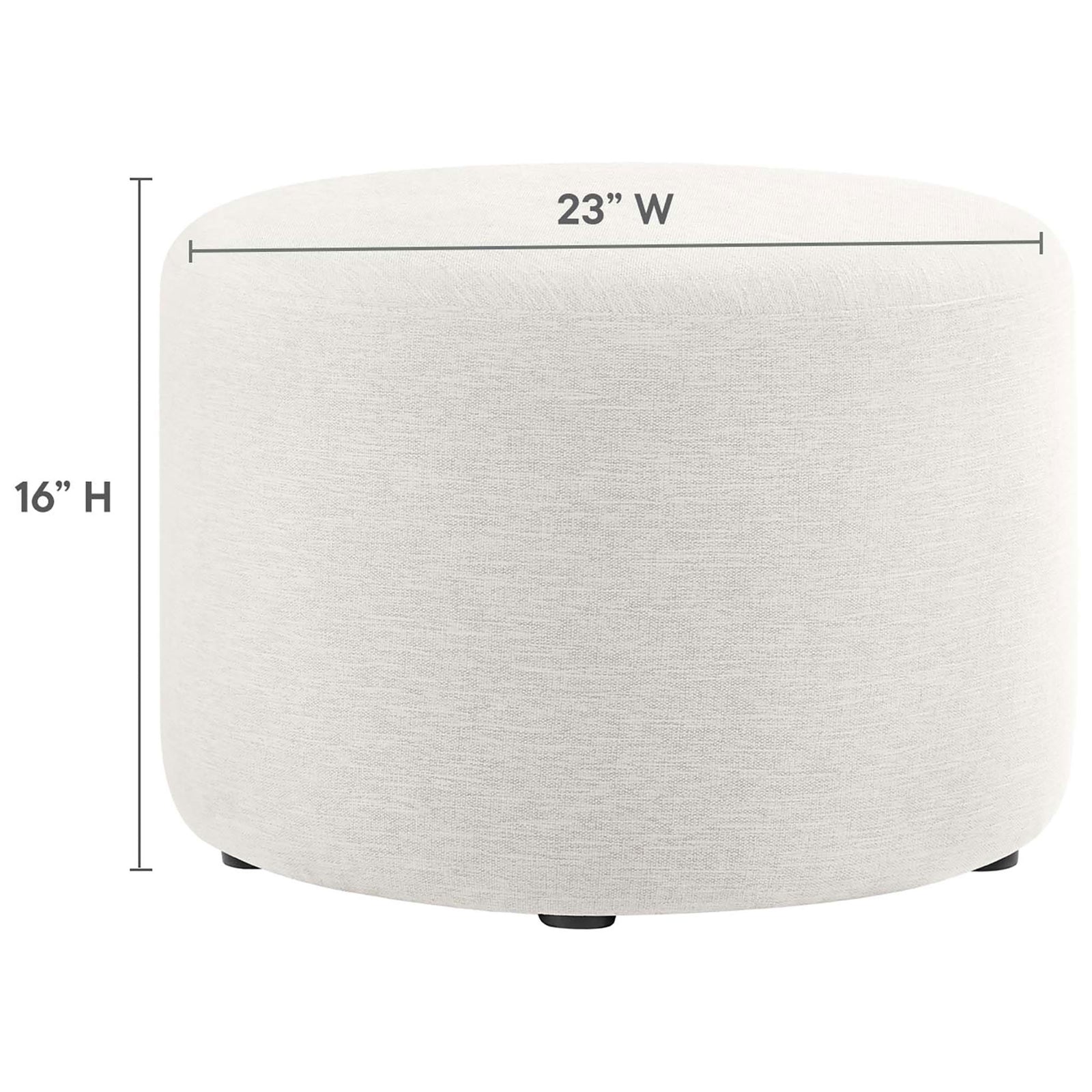 Size graphic showing the ivory round ottoman measuring 23 inches wide and 16 inches high || EEI-6645-HEI || dimension_studio