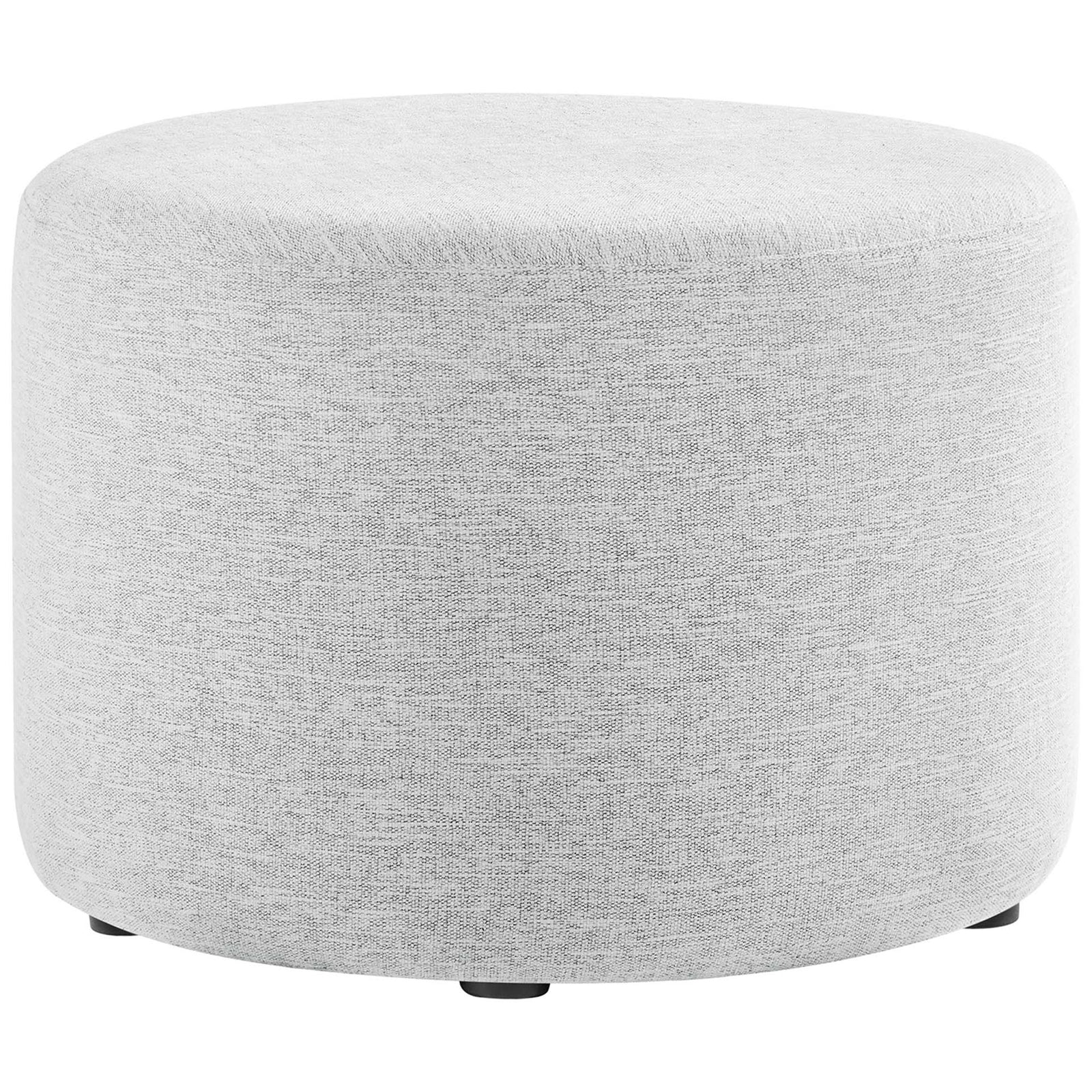 Large round heathered light gray ottoman with smooth tailored upholstery and low-profile feet || EEI-6645-HLG || front_studio