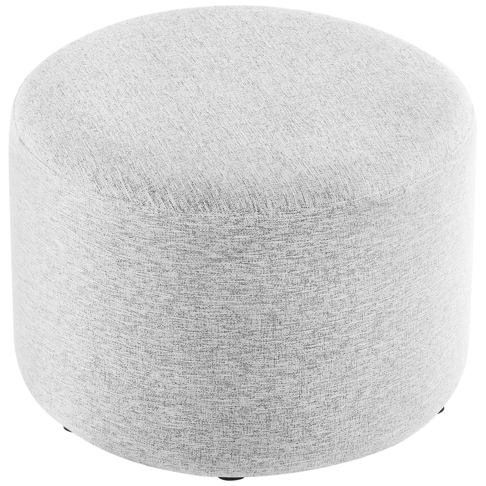 Padded round ottoman in heathered light gray fabric showcasing its generous cushioned seat || EEI-6645-HLG || top_studio