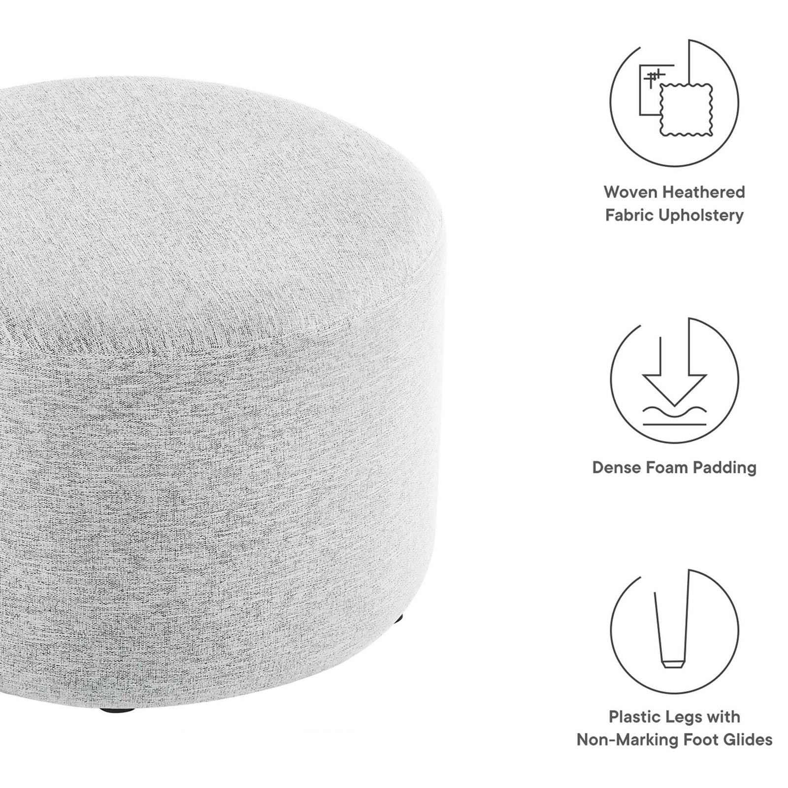 Feature graphic of the round gray ottoman with icons noting fabric upholstery, foam padding, and plastic legs || EEI-6645-HLG || callout_studio