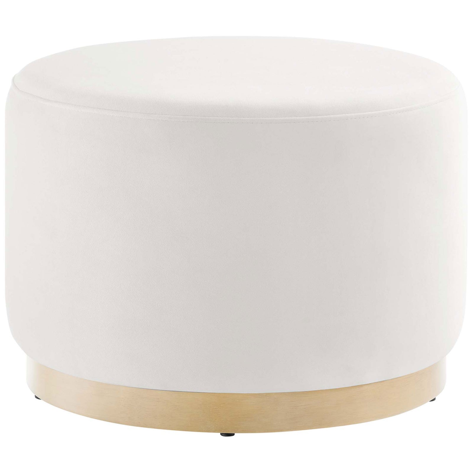 Round alabaster velvet ottoman with smooth cushioning and natural wood plinth base. || EEI-6646-ALA-NAT || front_studio