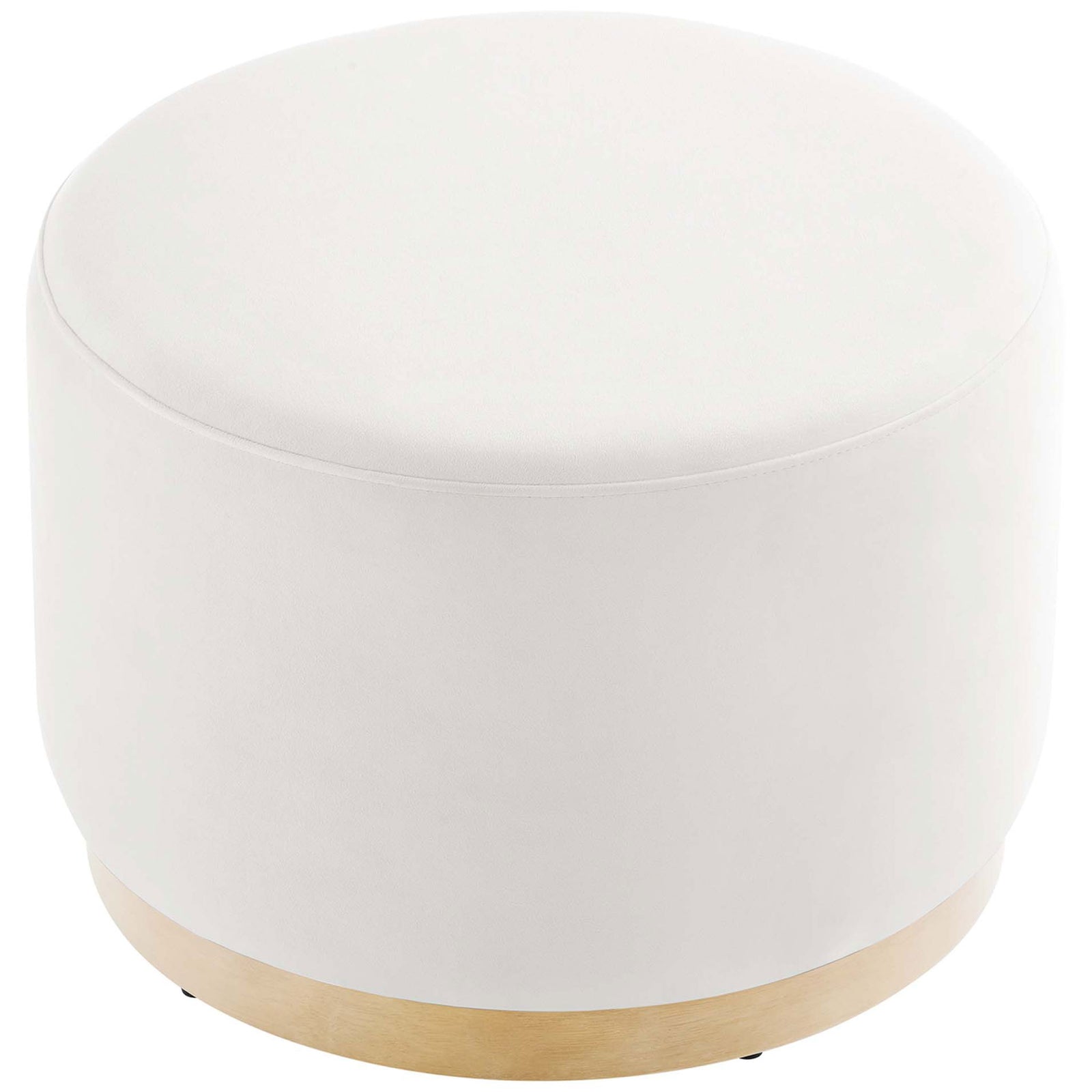 Plush round ottoman offers a roomy cushioned seat wrapped in soft alabaster performance velvet. || EEI-6646-ALA-NAT || top_studio