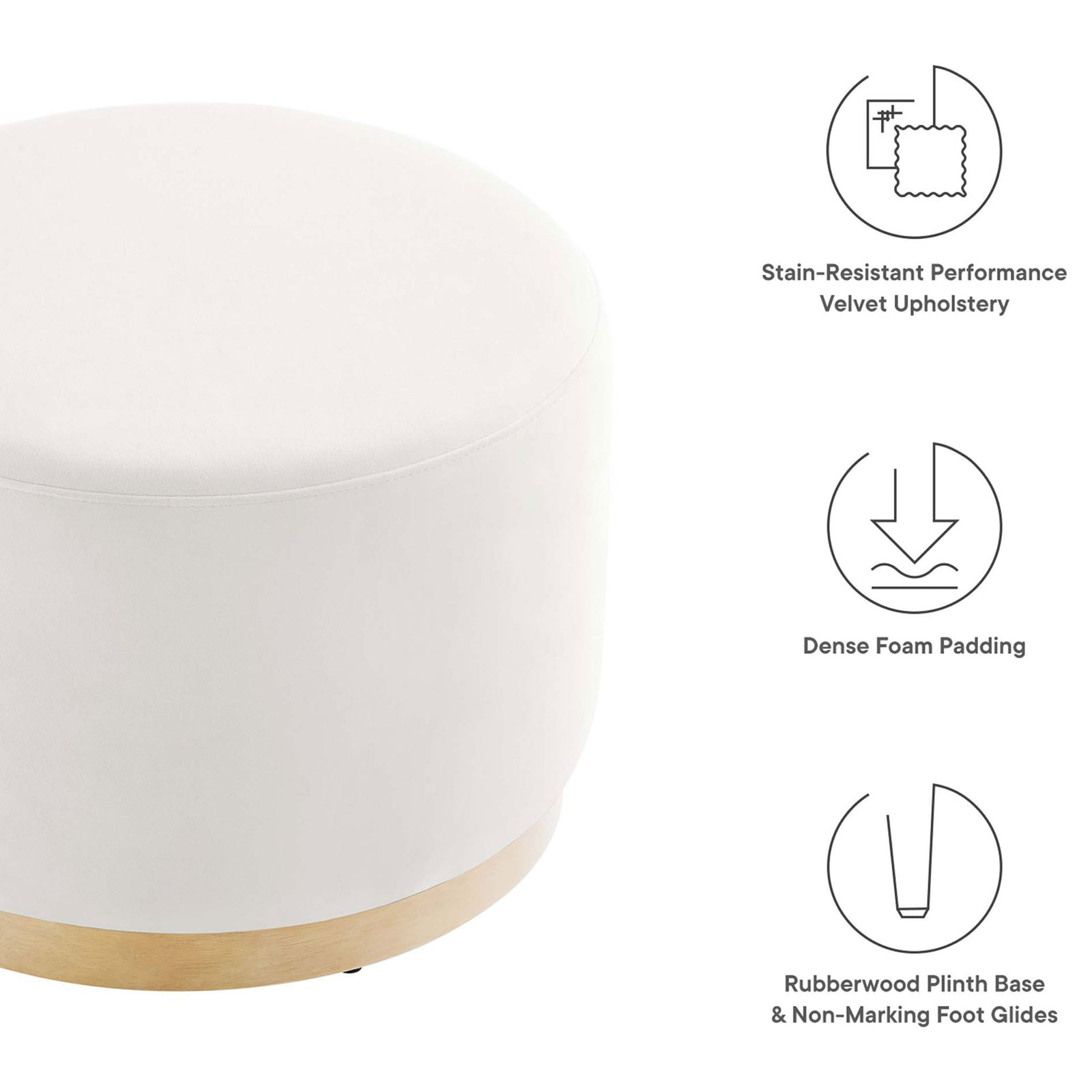 Key features include stain resistant velvet, dense foam cushioning, and a supportive rubberwood plinth base. || EEI-6646-ALA-NAT || callout_studio