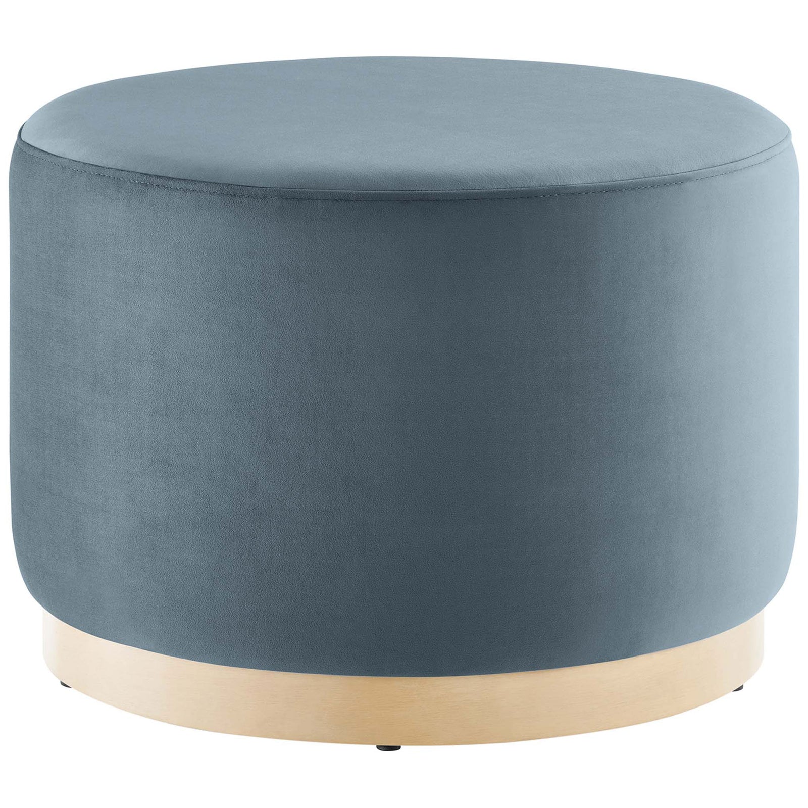 Blue velvet round ottoman with plush cushioning and natural wood plinth base for modern living spaces || EEI-6646-CAB-NAT || front_angle_studio