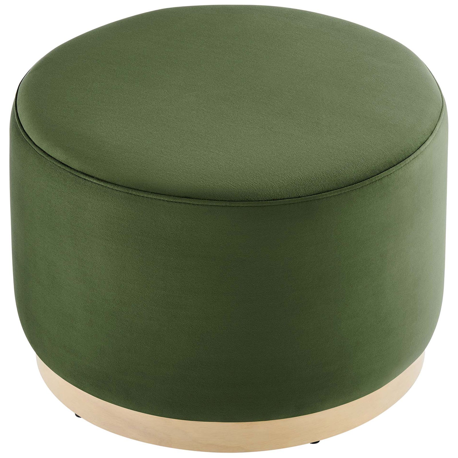 Plush moss green ottoman with a round cushioned seat and slim natural wood plinth base. || EEI-6646-MOG-NAT || top_angle_studio