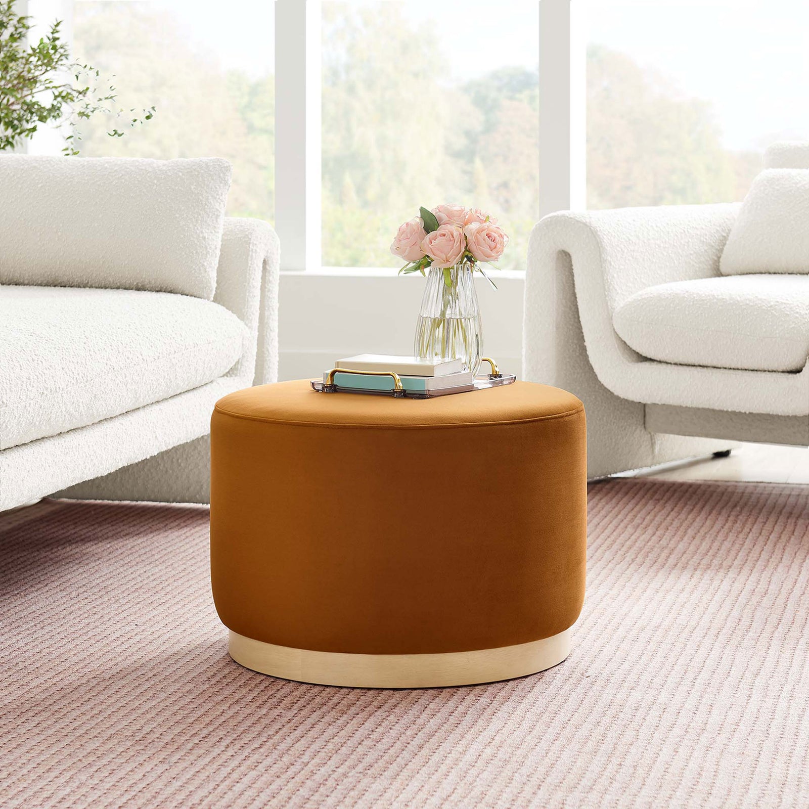 Rust velvet ottoman brings a warm pop of color and soft texture to a bright modern living room || EEI-6646-RUS-NAT || front_angle_room