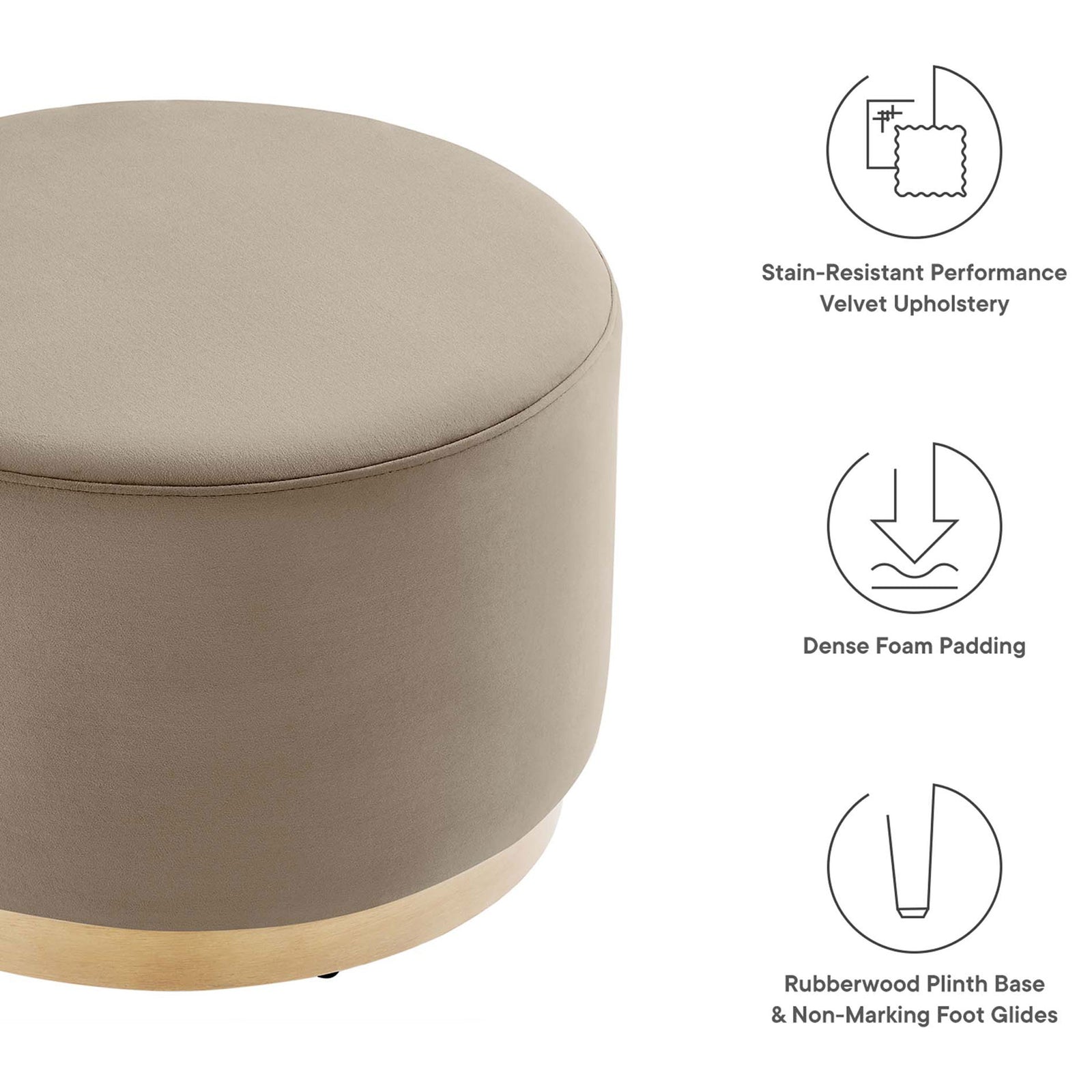 Performance velvet ottoman with icons highlighting stain resistance, dense foam, and wood base || EEI-6646-TAU-NAT || callout_studio