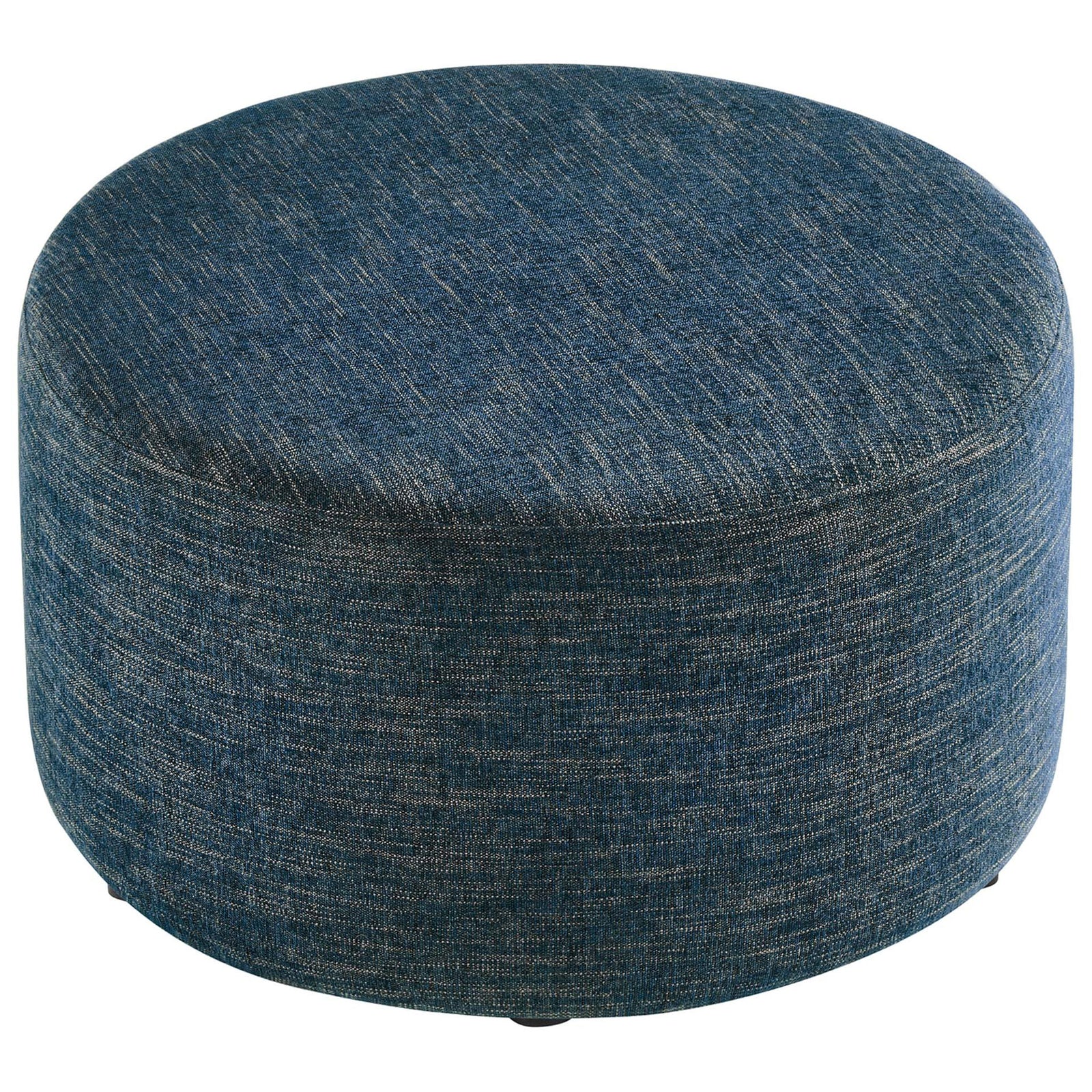 29 inch round upholstered ottoman in textured azure fabric, ideal for seating or as a coffee table surface || EEI-6647-HEA || top_angle_studio
