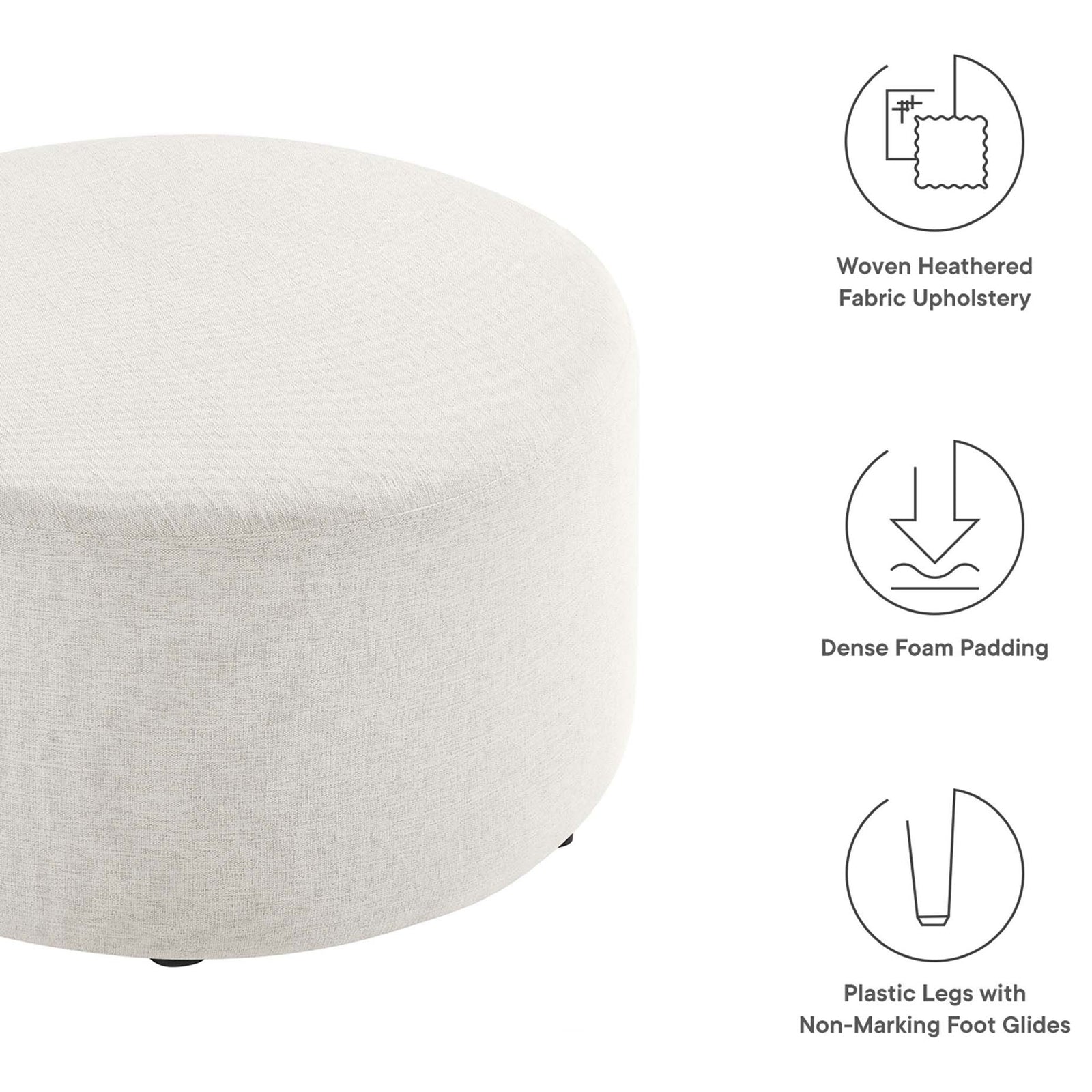 Ivory round ottoman with graphic highlights calling out fabric upholstery, dense foam, and floor-safe legs. || EEI-6647-HEI || callout_studio