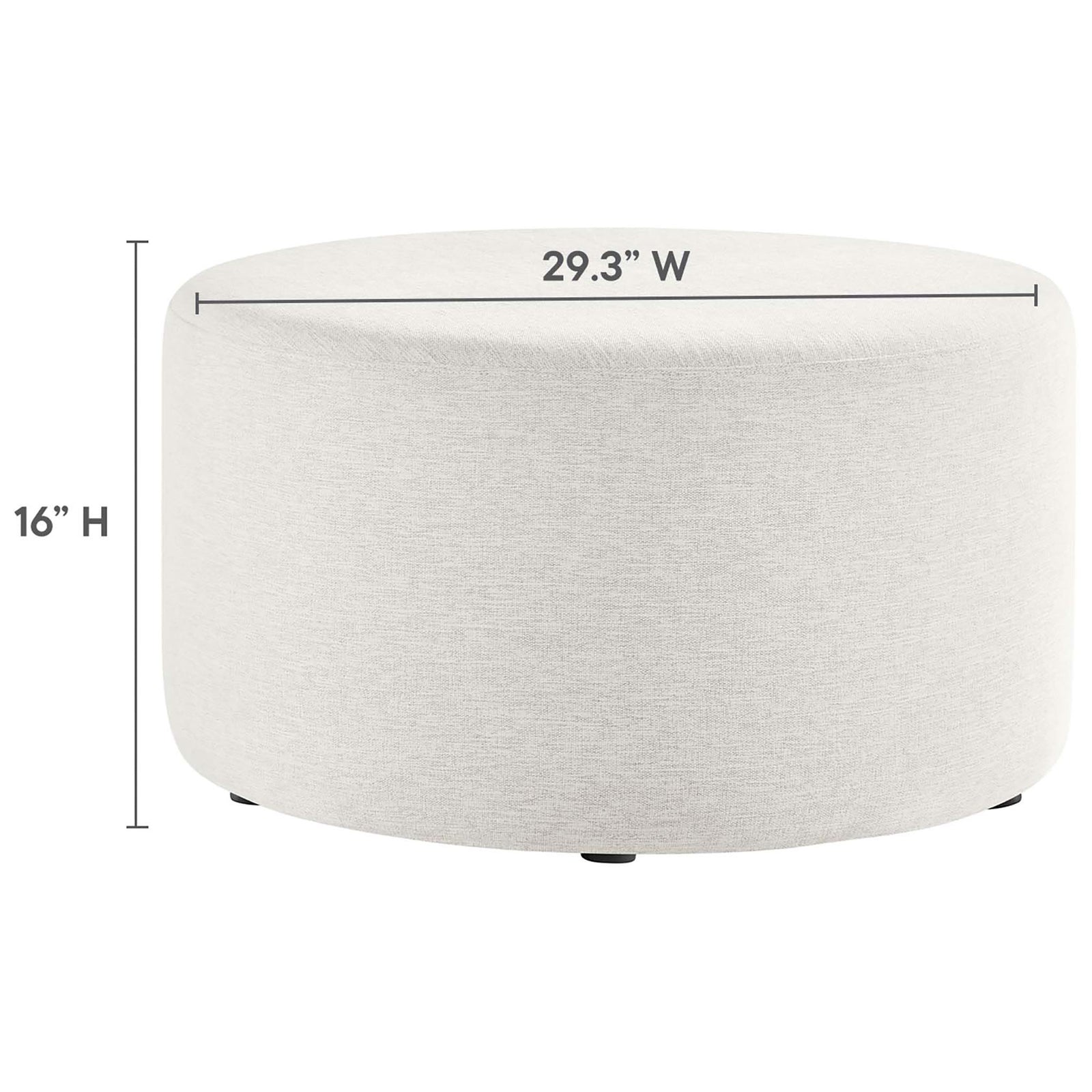 Heathered ivory ottoman with simple diagram showing 29.3 inch width and 16 inch height for easy planning. || EEI-6647-HEI || dimension_studio