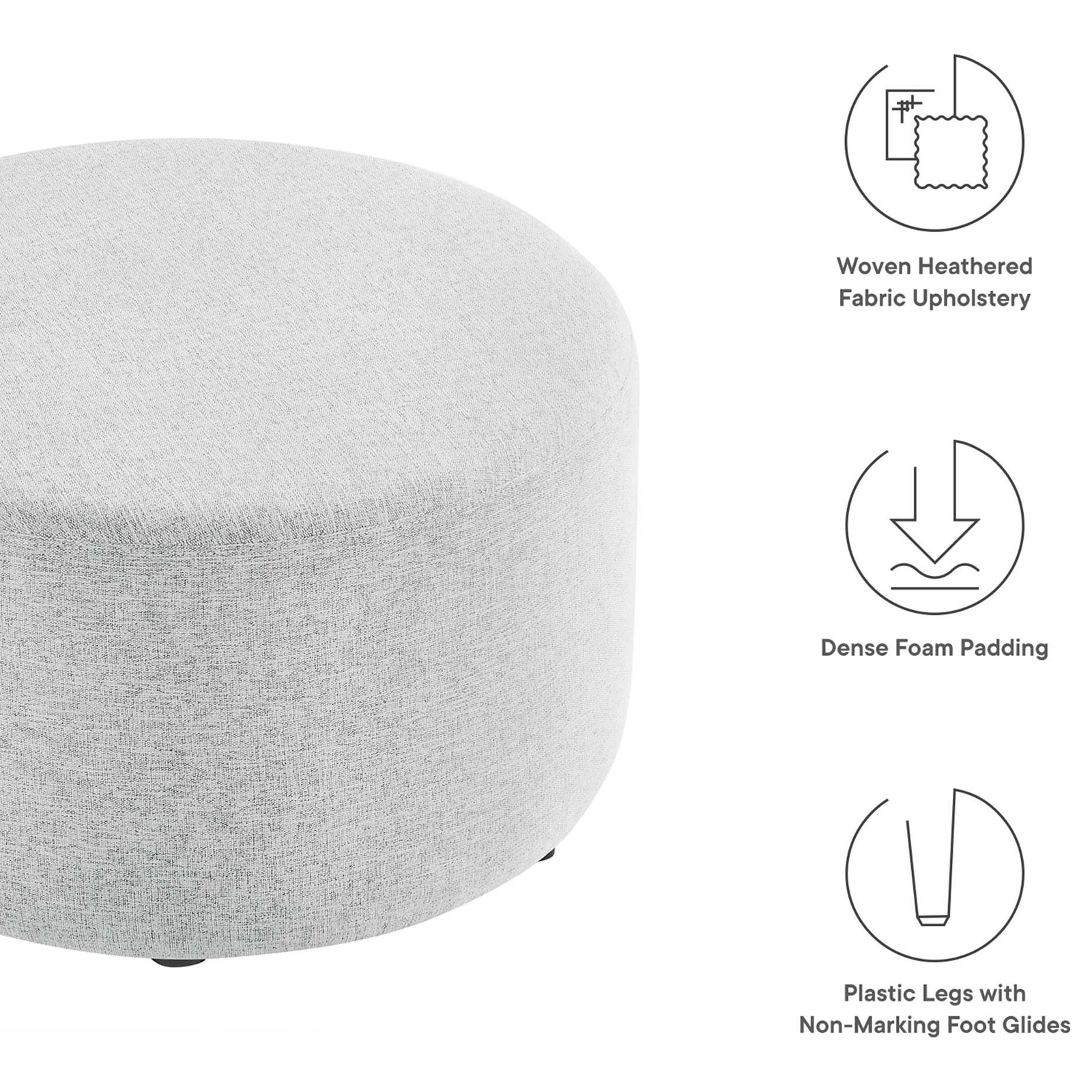 Light gray 29 inch round ottoman with woven fabric, dense foam cushioning, and non-marking plastic glides || EEI-6647-HLG || callout_studio