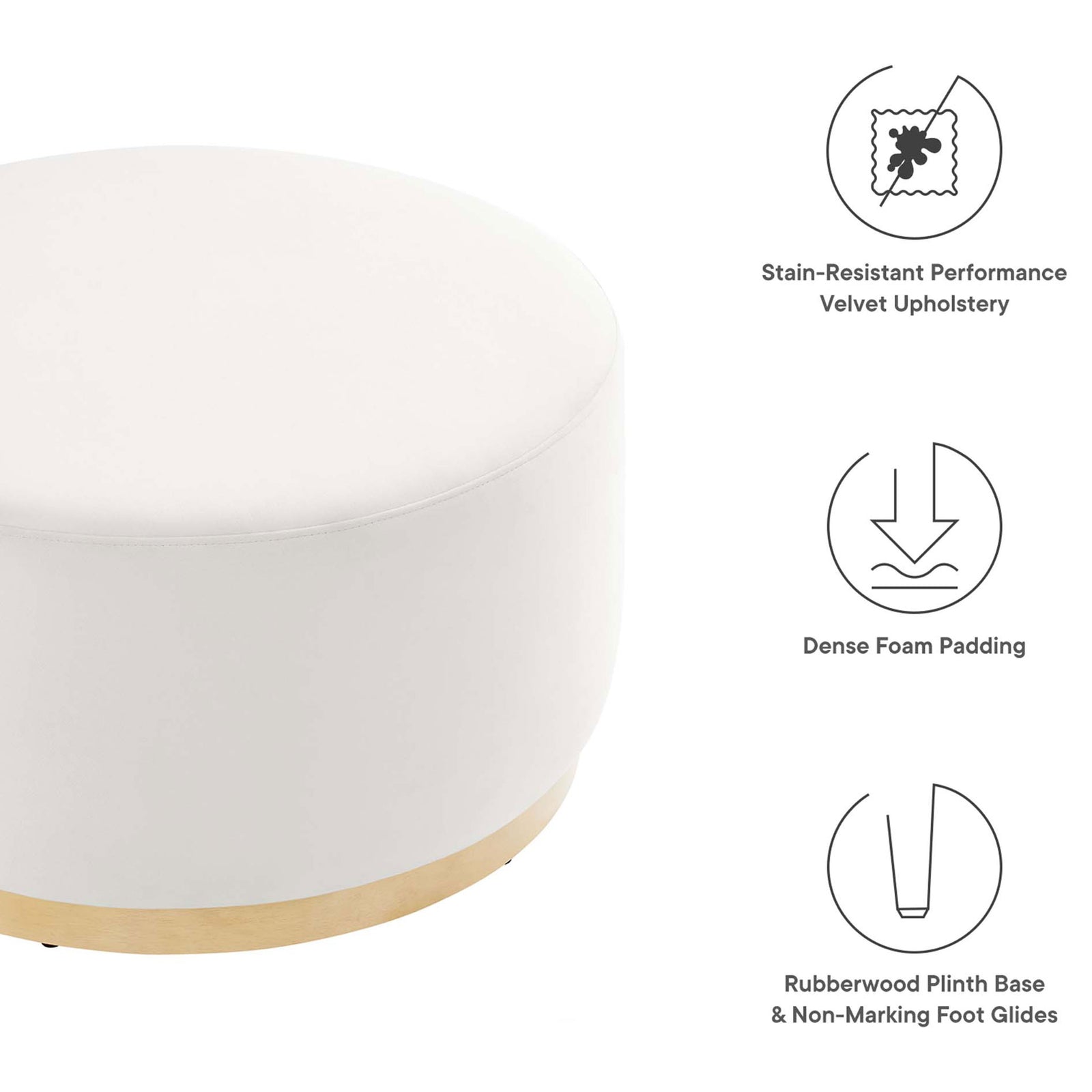 Key features of the Tilden 29 inch round velvet ottoman highlighting fabric, foam, and plinth base benefits || EEI-6648-ALA-NAT || callout_studio
