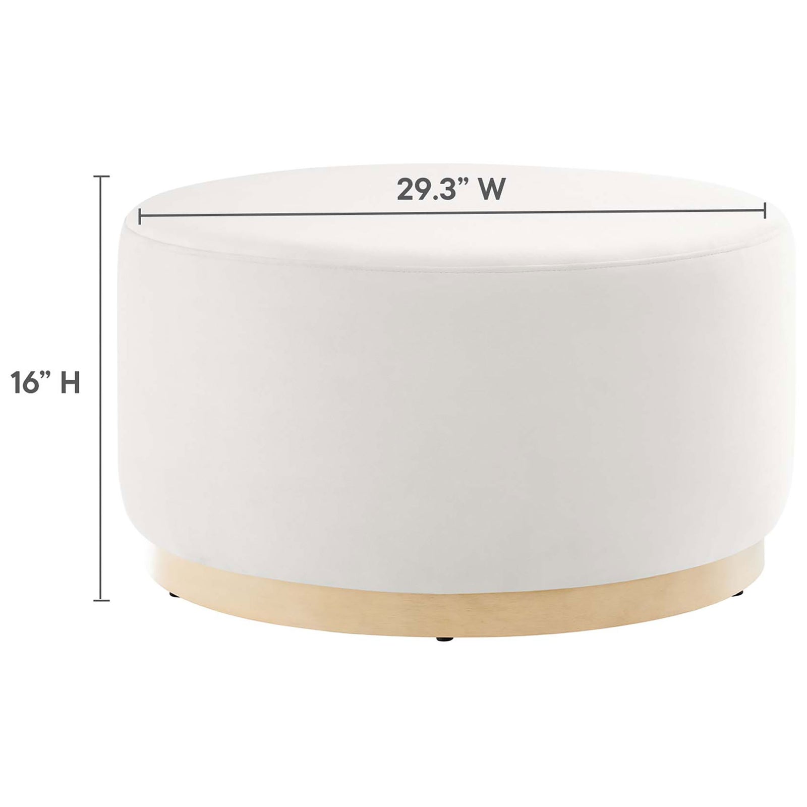 Dimensions of the Tilden 29 inch round ottoman with 16 inch height and 29.3 inch width labeled || EEI-6648-ALA-NAT || dimension_studio