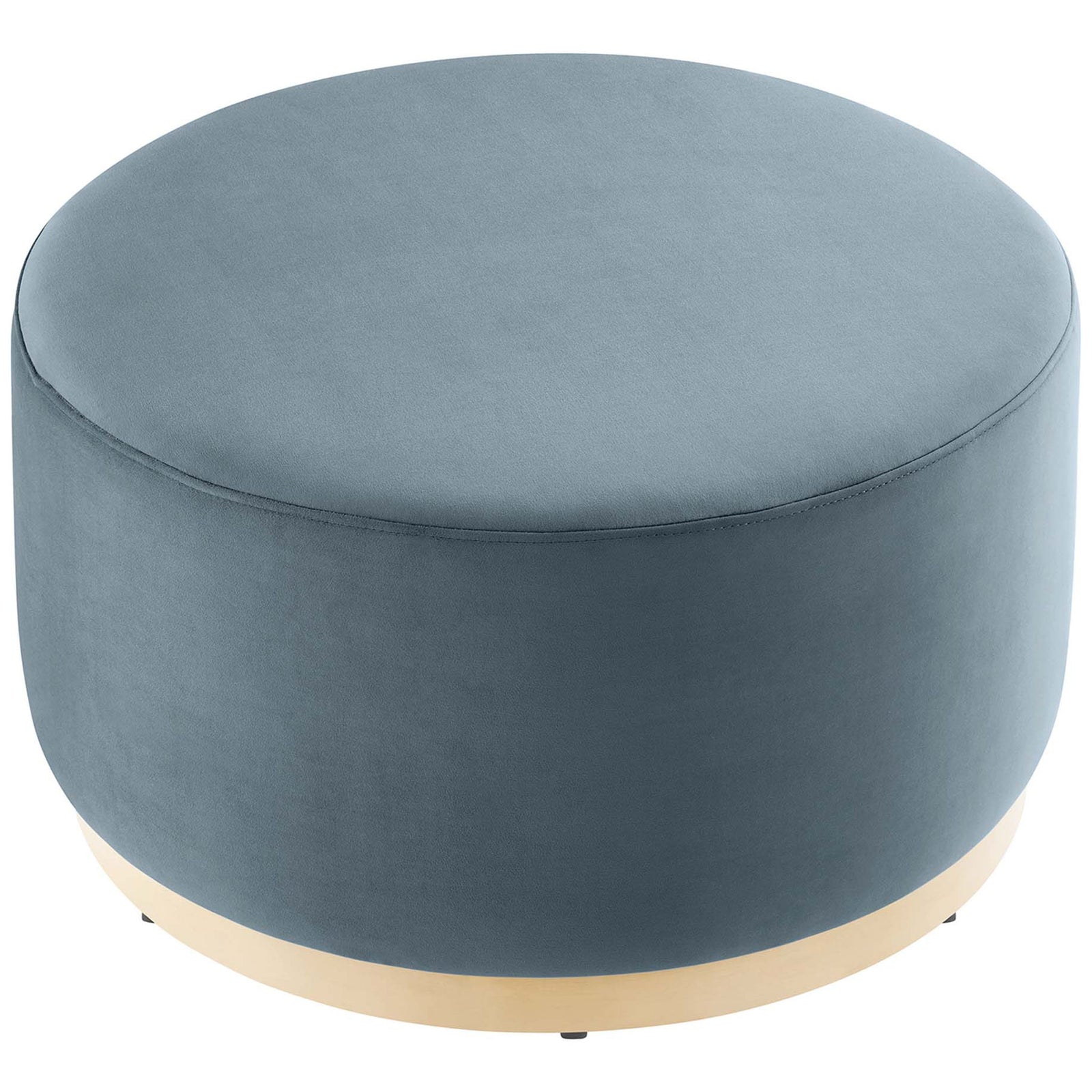 Spacious round cadet blue velvet ottoman offering a smooth cushioned seat and warm natural wood base || EEI-6648-CAB-NAT || top_studio