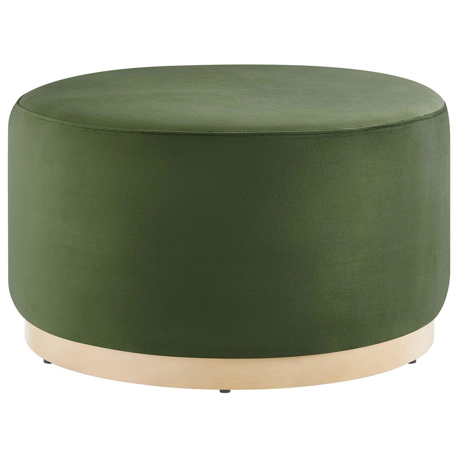 Large 29 inch moss green velvet round ottoman with natural wood plinth base for versatile seating. || EEI-6648-MOG-NAT || front_studio