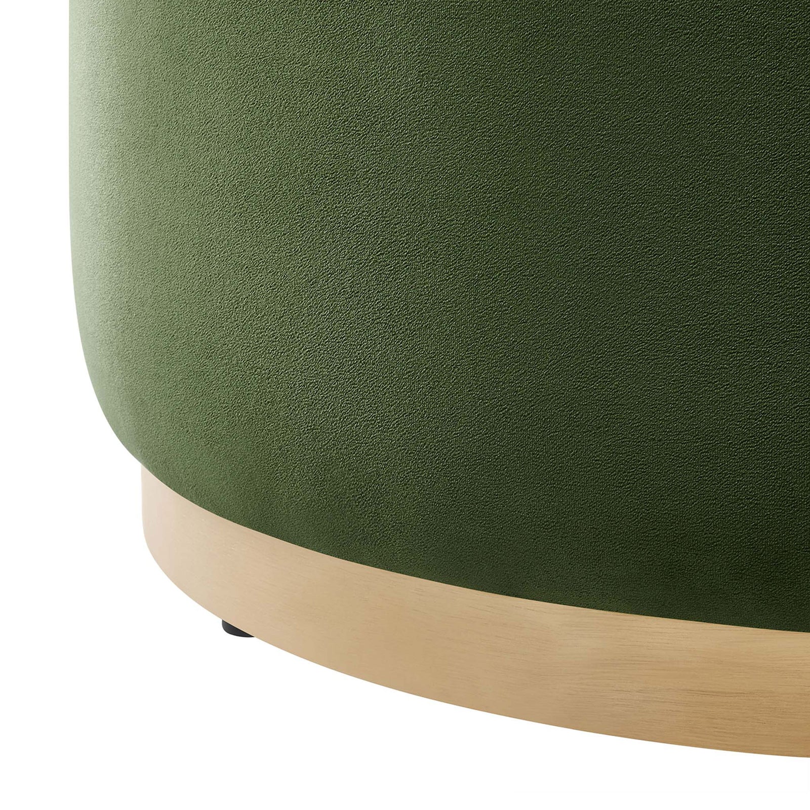 Rich moss green performance velvet and a natural wood plinth base highlight the ottoman's refined finish. || EEI-6648-MOG-NAT || detail_studio