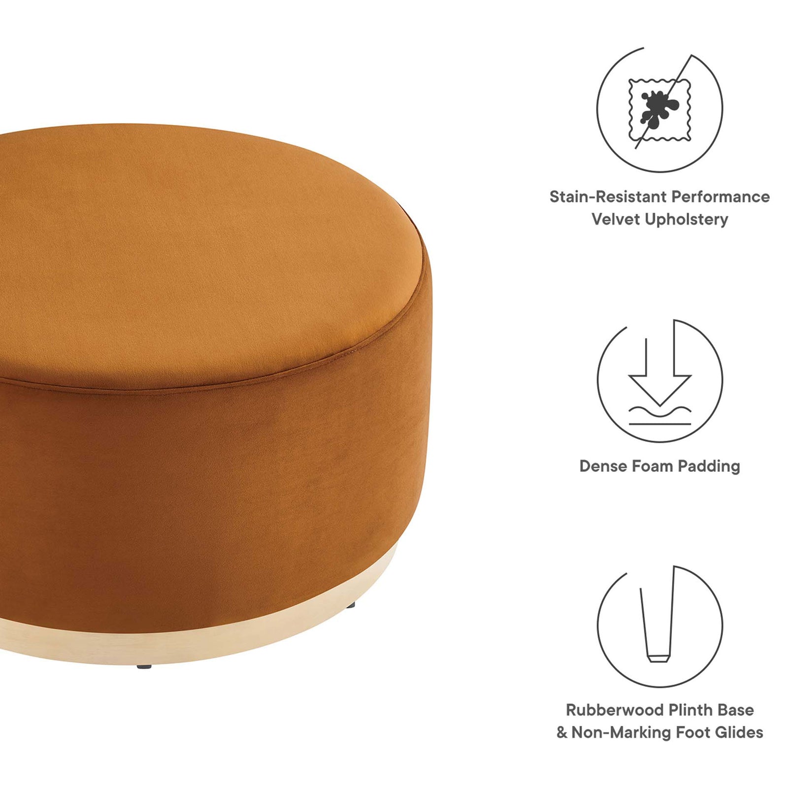 Rust velvet ottoman with icons highlighting stain resistant fabric, foam padding, and glides. || EEI-6648-RUS-NAT || callout_studio