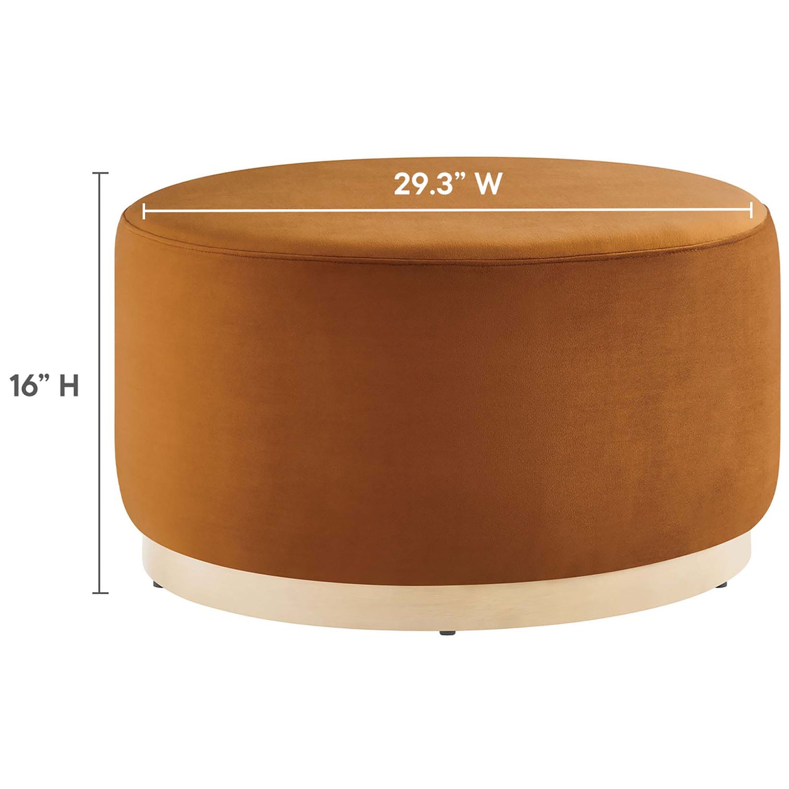 Rust velvet ottoman with 29.3 inch width and 16 inch height measurements labeled. || EEI-6648-RUS-NAT || dimension_studio