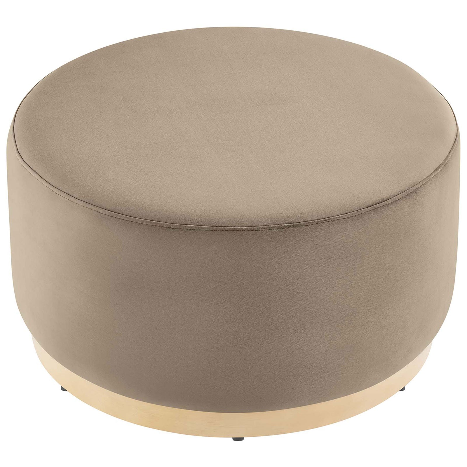 Generously padded taupe velvet ottoman showcasing the wide round seat and tailored French piping trim || EEI-6648-TAU-NAT || top_angle_studio