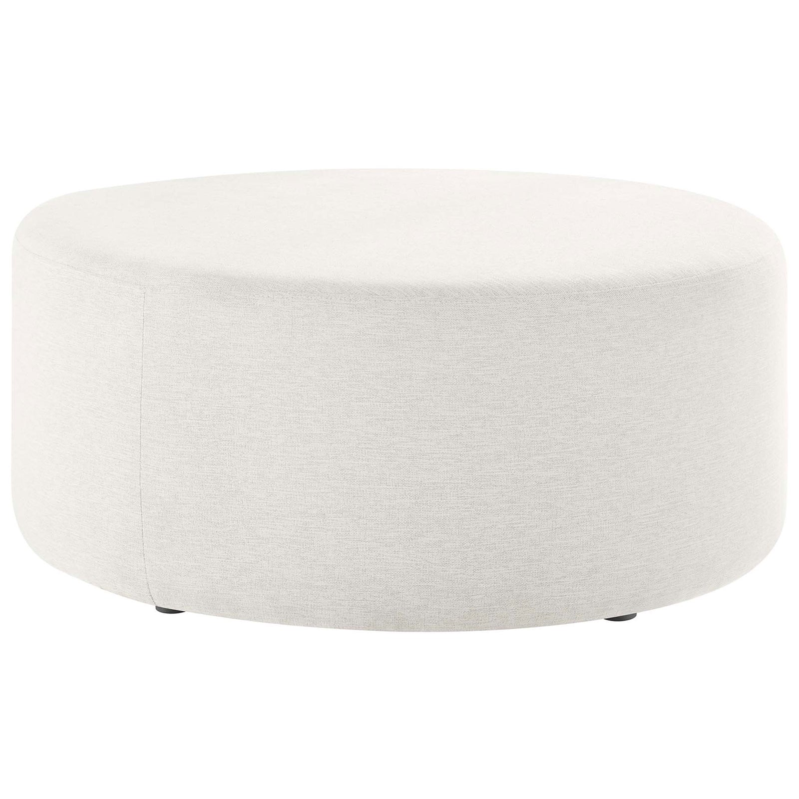 Large heathered ivory round ottoman with a broad cushioned seat and subtle low-profile base. || EEI-6649-HEI || front_studio