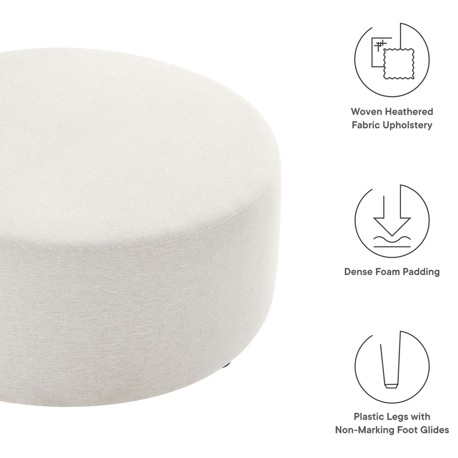 Ivory round ottoman with illustrated feature icons calling out fabric, padding, and protective foot glides. || EEI-6649-HEI || callout_studio