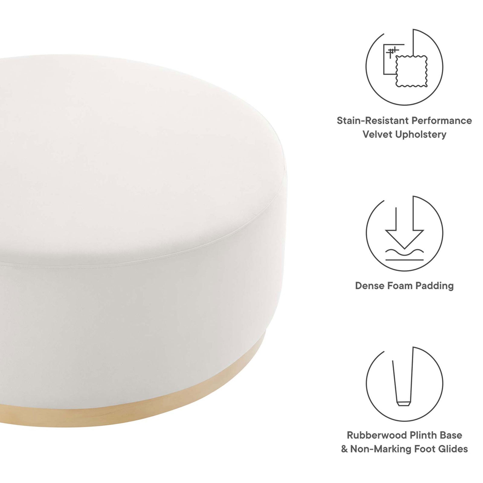 Feature callouts for the Tilden 38 inch round velvet ottoman showing fabric, foam, and base advantages || EEI-6650-ALA-NAT || callout_studio