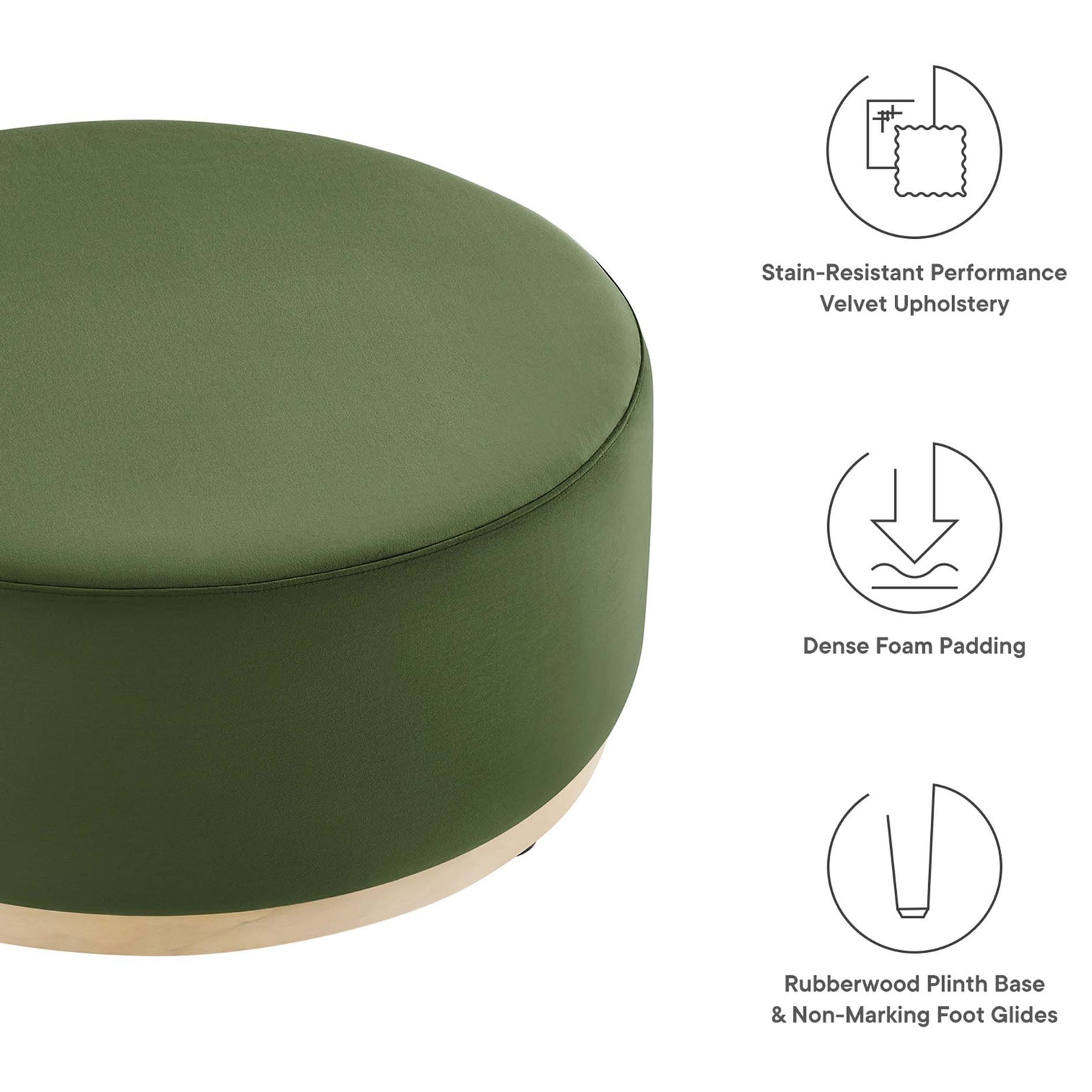 Performance velvet ottoman in moss green featuring plush foam cushioning, sturdy plinth base, and floor friendly glides. || EEI-6650-MOG-NAT || callout_studio