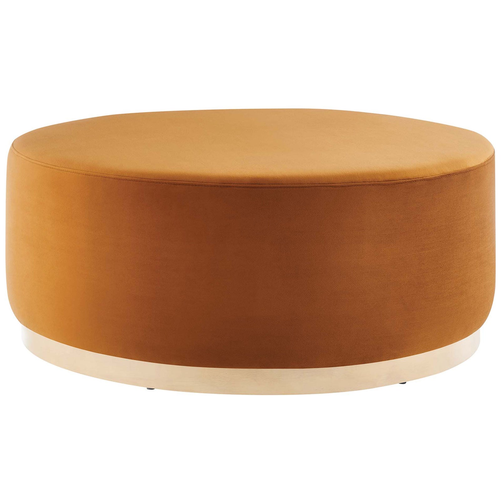 Oversized rust velvet round ottoman with generous cushioning and natural wood plinth base. || EEI-6650-RUS-NAT || front_angle_studio