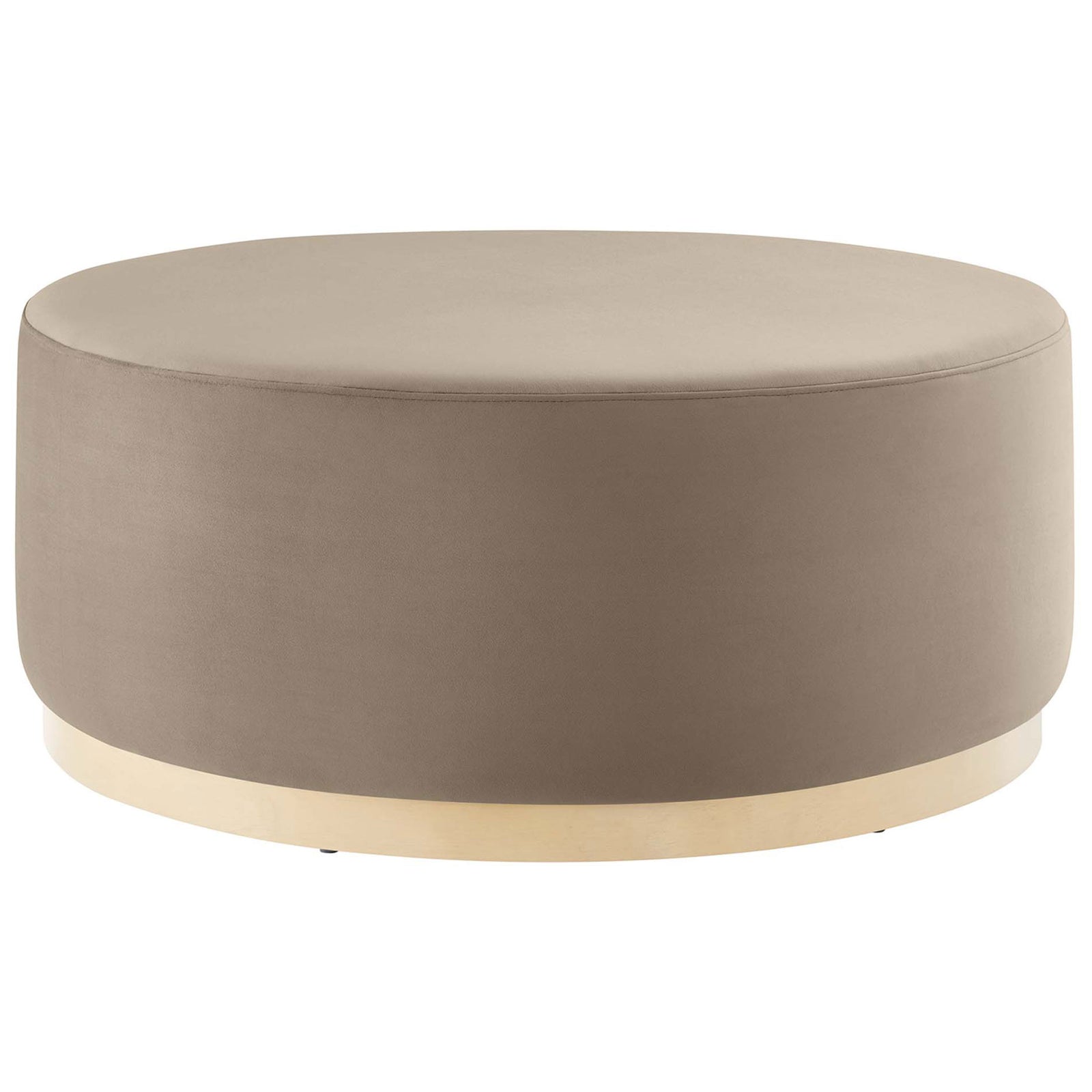 Taupe performance velvet 38-inch round ottoman with low profile silhouette and natural wood plinth base || EEI-6650-TAU-NAT || front_studio