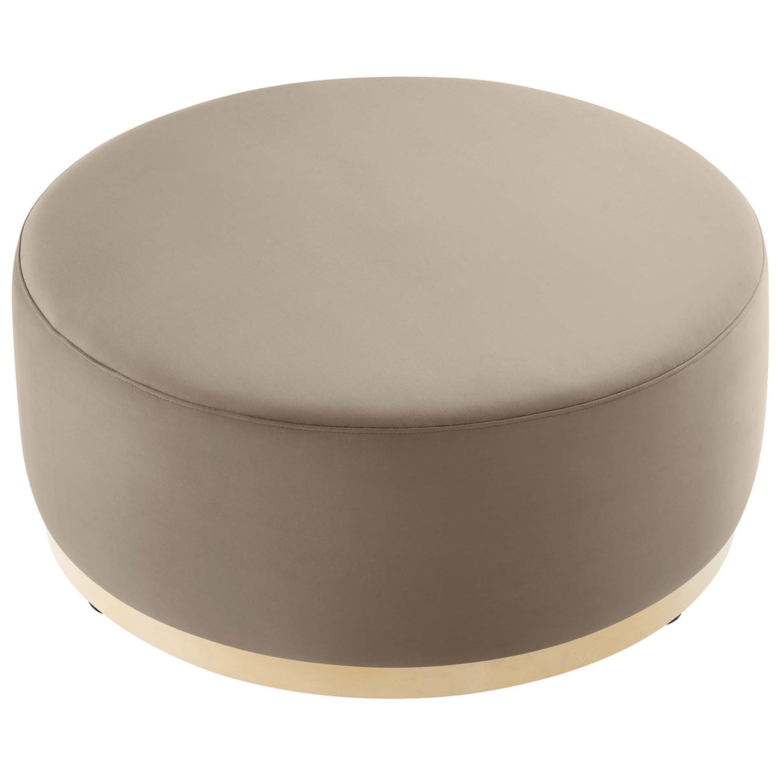 Spacious taupe velvet ottoman highlighting the expansive round seat ideal for lounging or serving || EEI-6650-TAU-NAT || top_angle_studio